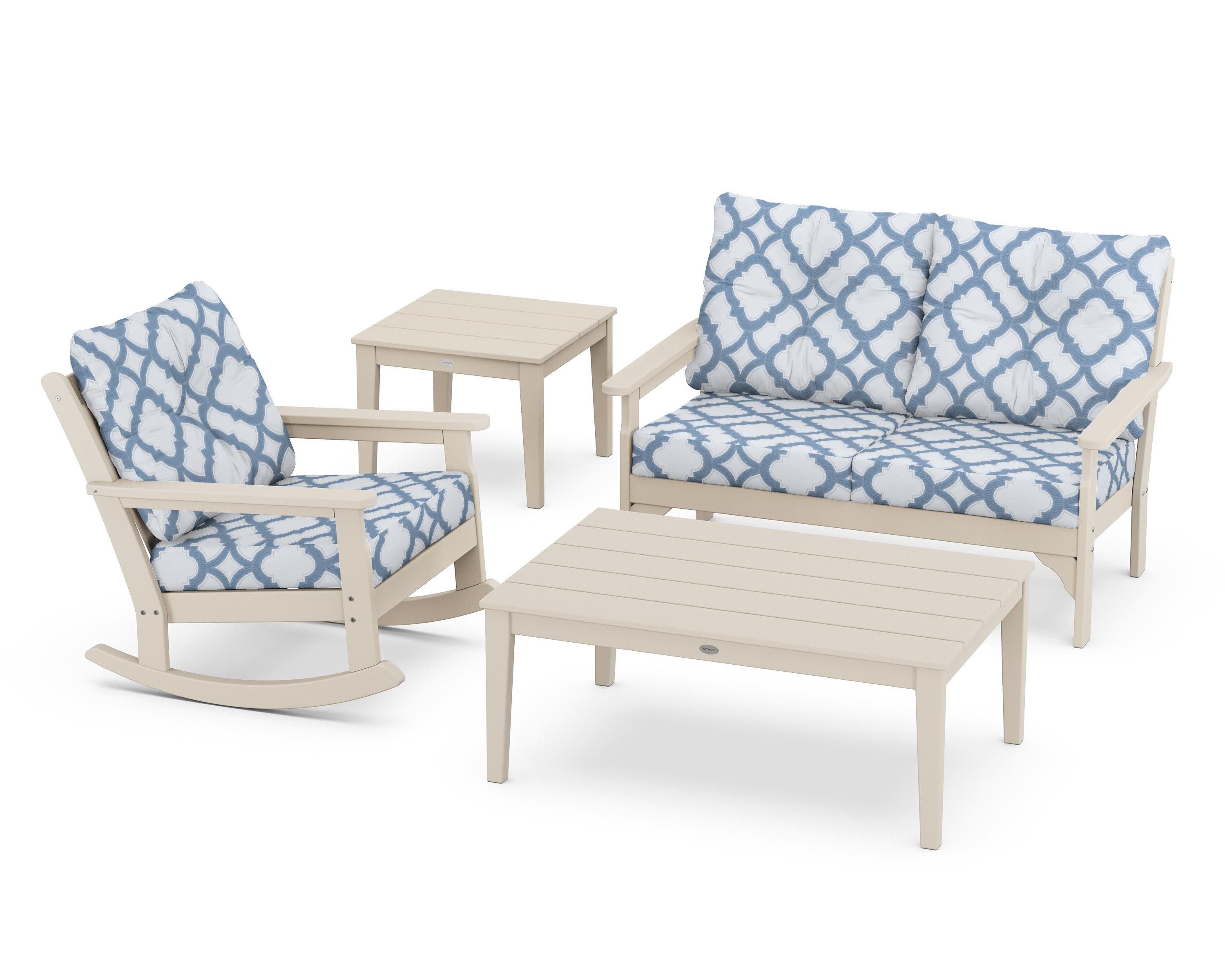 Vineyard 4-Piece Deep Seating Rocker Set in Sand / Trellis Sky Blue