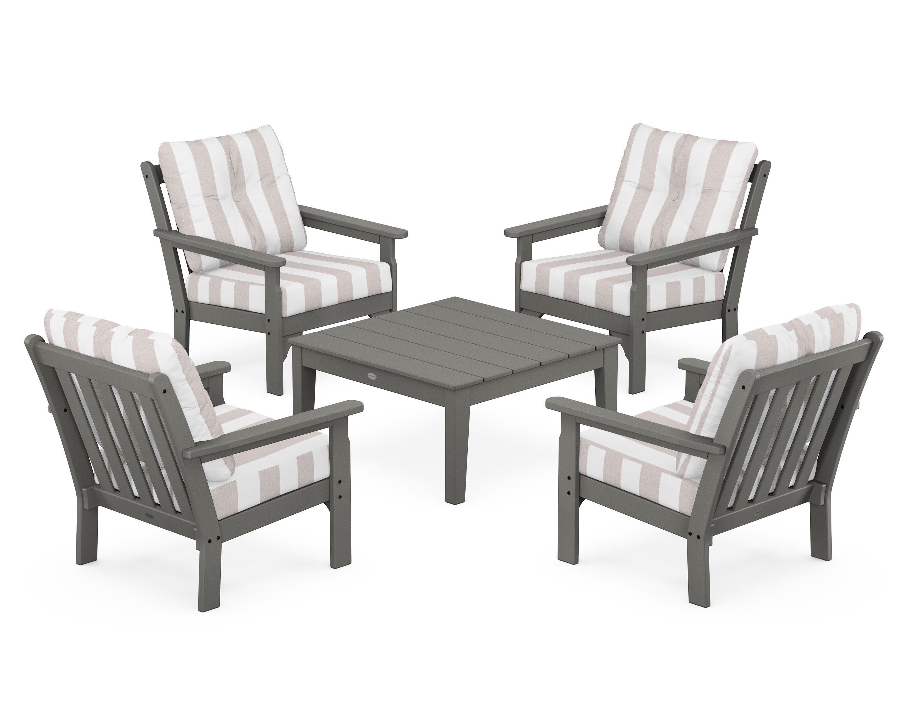 Vineyard 5-Piece Deep Seating Conversation Set in Slate Grey / Cabana Stripe Dune Burlap