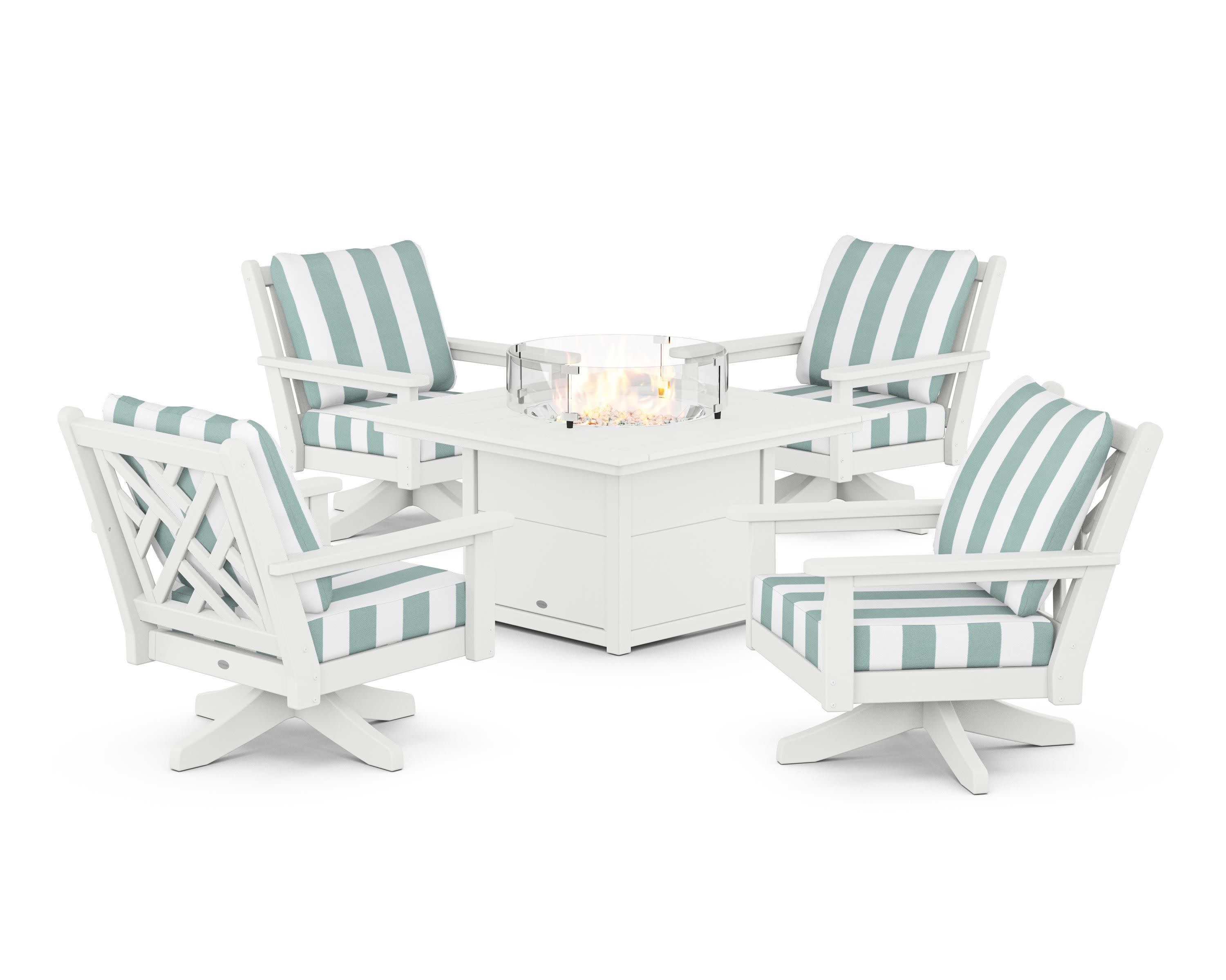 Chippendale 5-Piece Deep Seating Swivel Conversation Set with Fire Pit Table in White / Cabana Stripe Glacier Spa