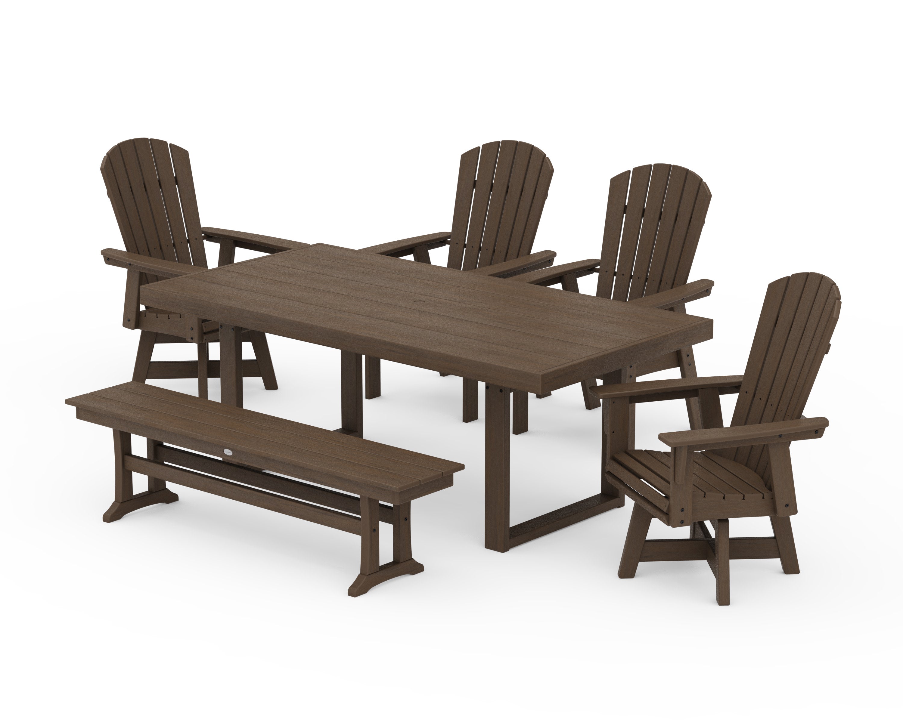 Nautical Curveback Adirondack Swivel Chair 6-Piece Dining Set with Bench in Kona