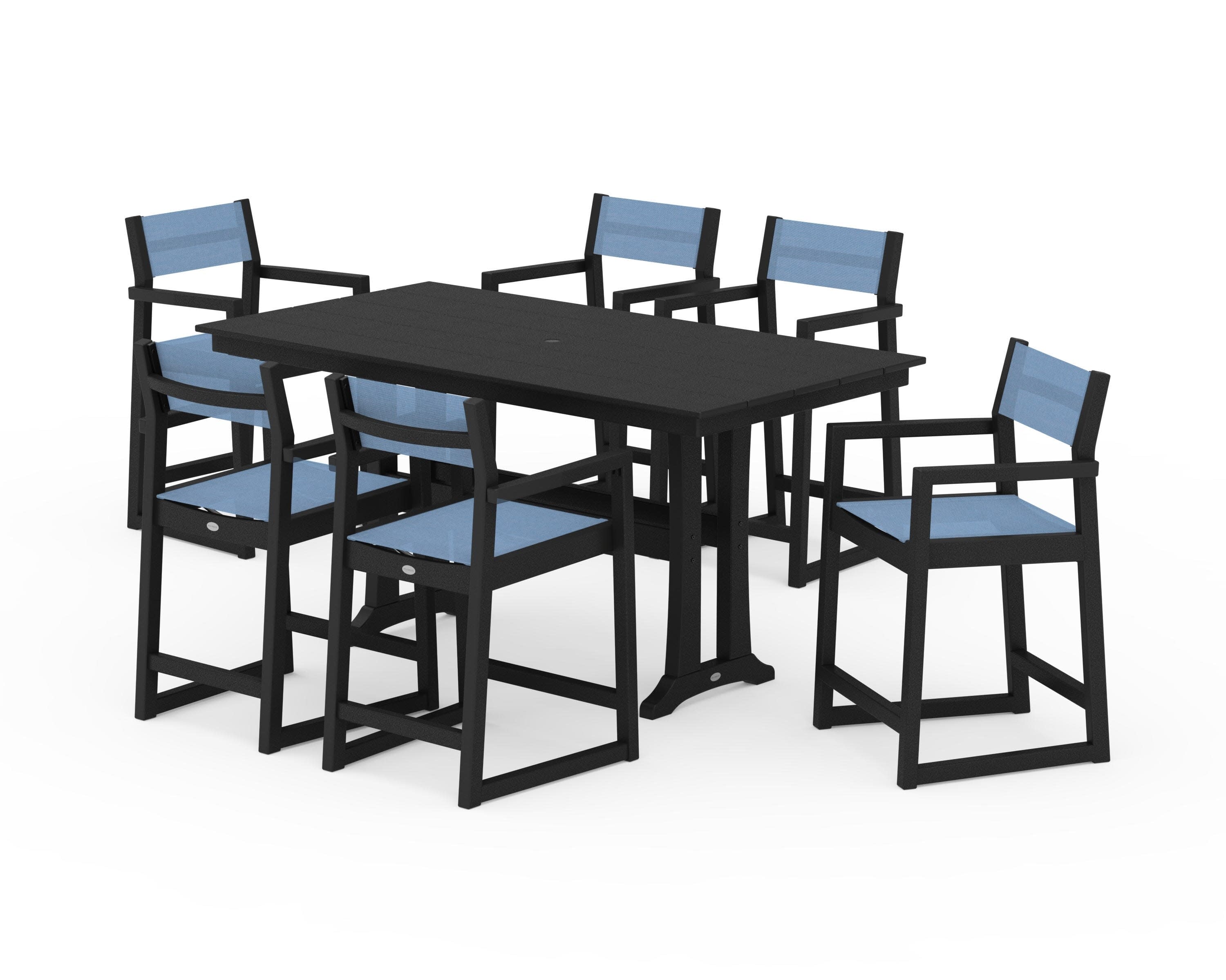 EDGE Sling Arm Chair 7-Piece Farmhouse Counter Set with Trestle Legs in Black / Poolside Sling