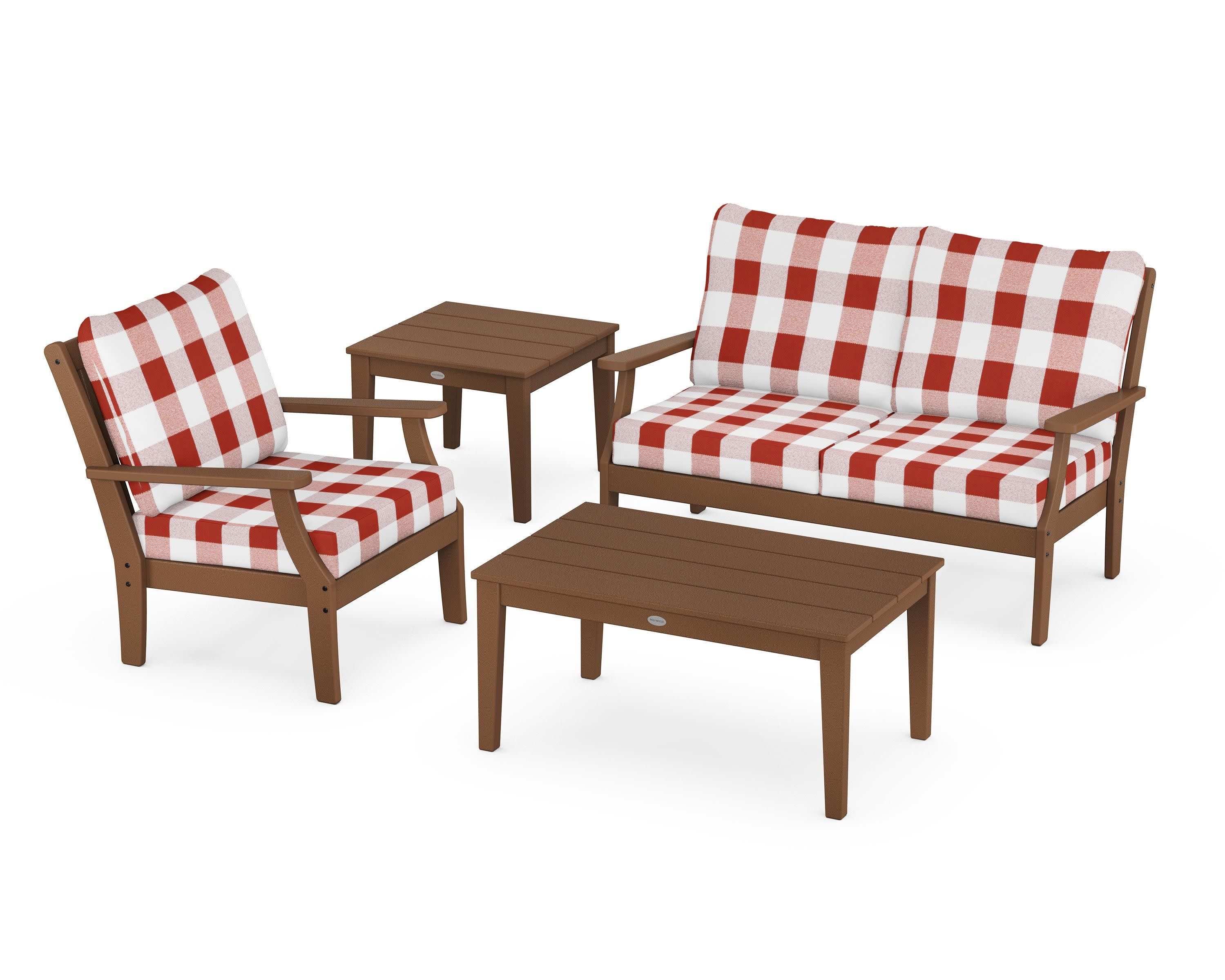 Braxton 4-Piece Deep Seating Set in Teak / Buffalo Plaid Crimson