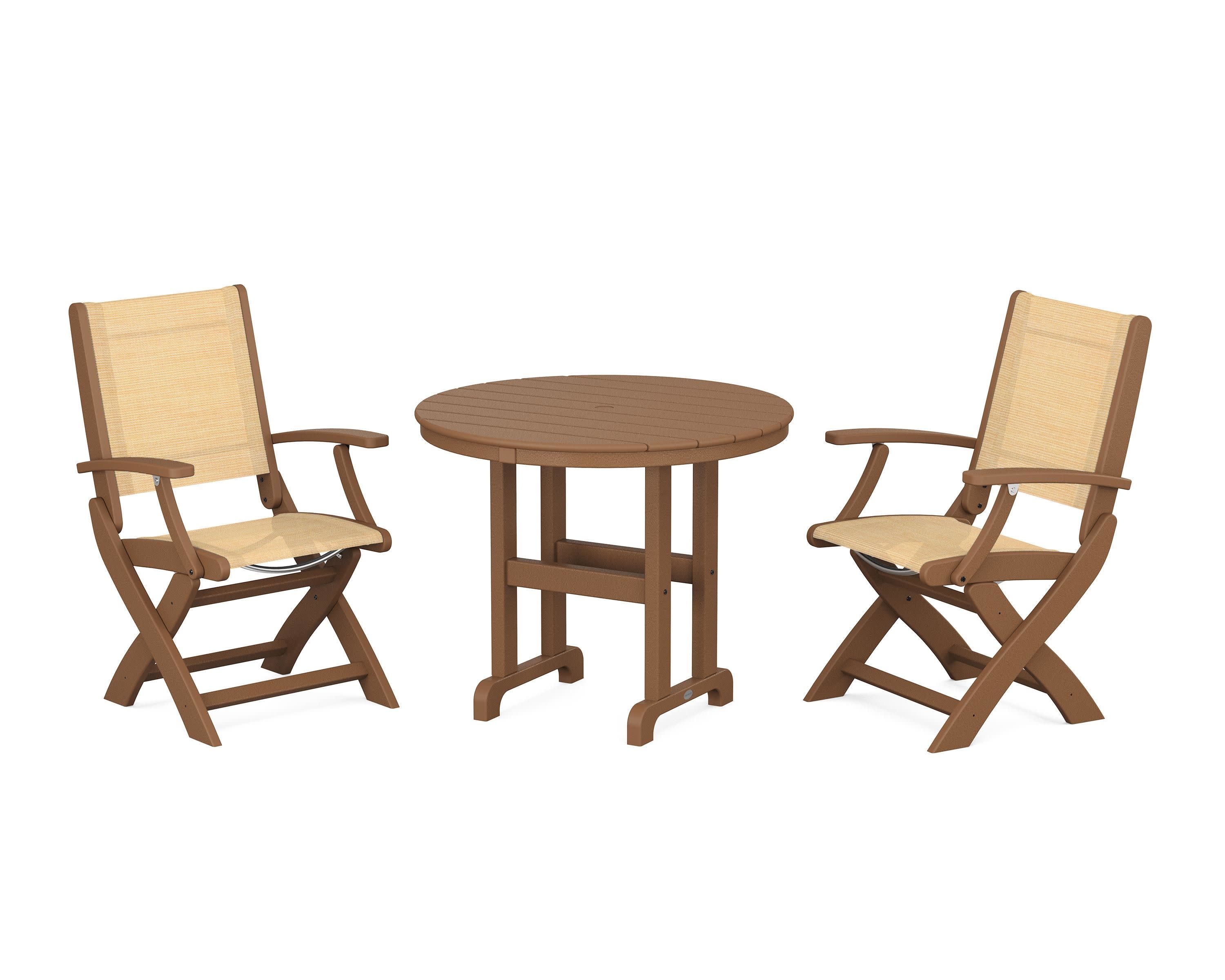 Coastal Folding Chair 3-Piece Round Dining Set in Teak / Dupioni Apricot Sling