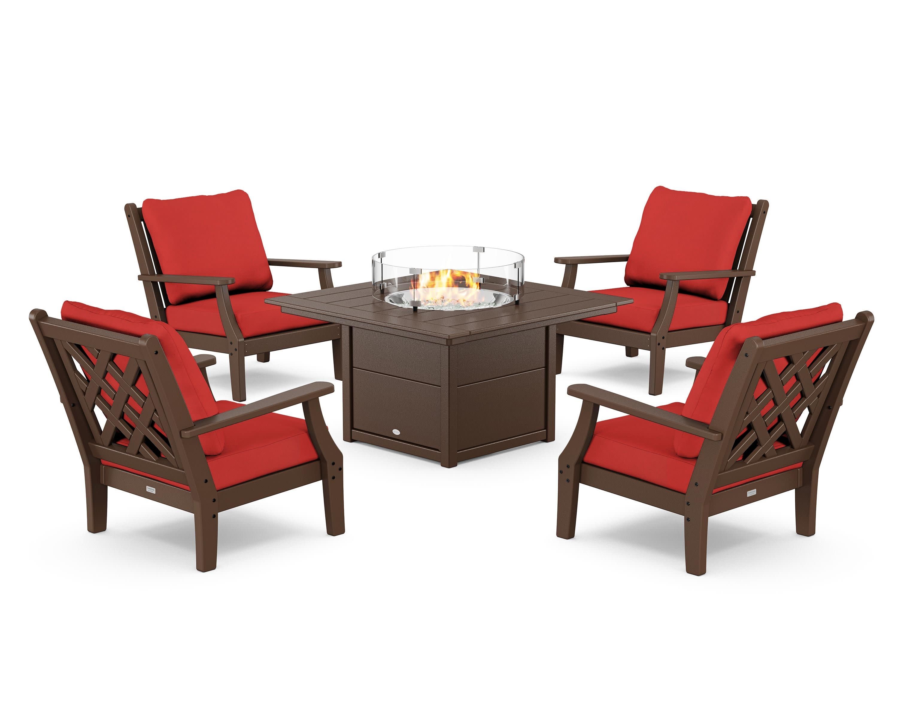 Wovendale 5-Piece Deep Seating Set with Fire Pit Table in Mahogany / Crimson Linen