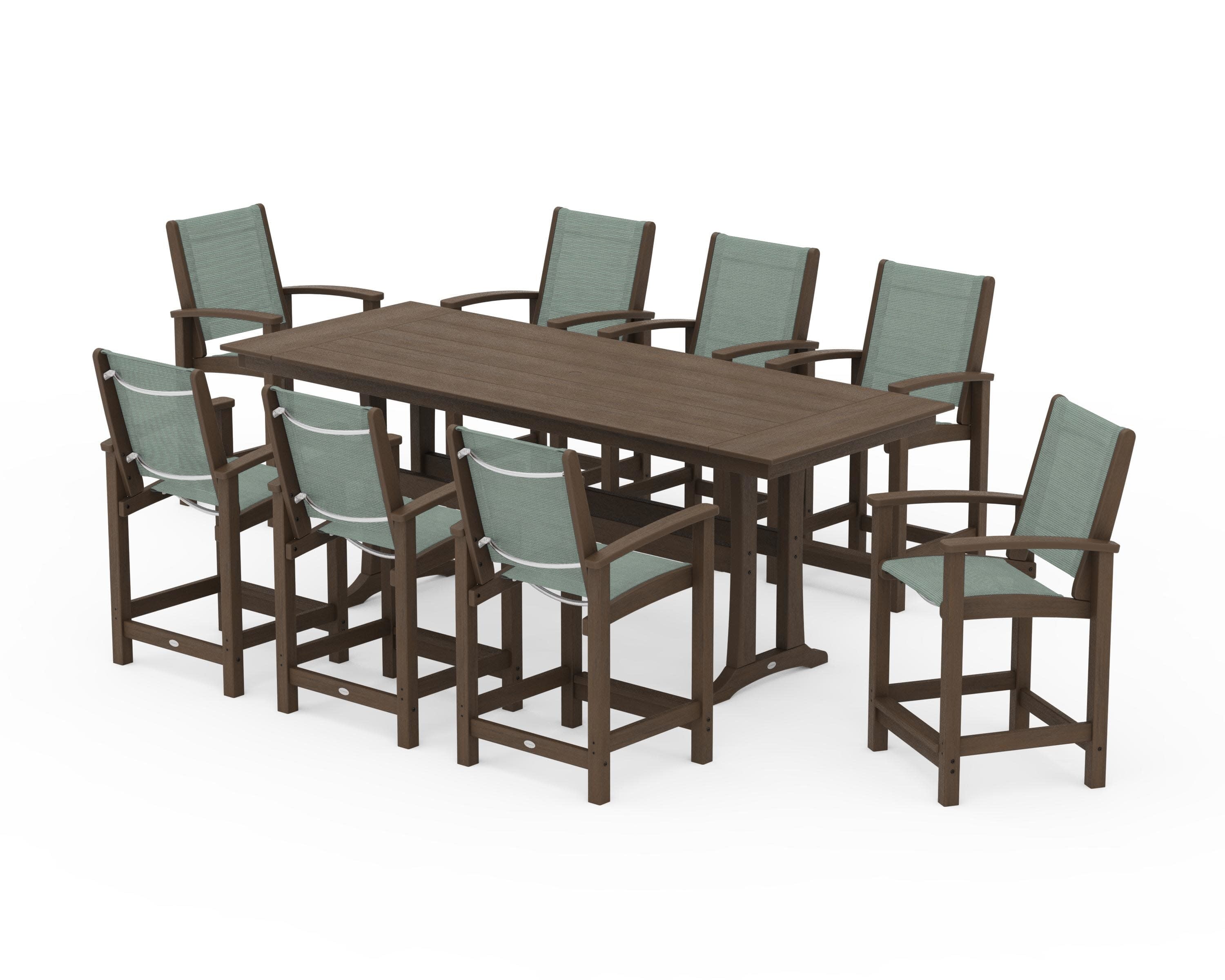 Coastal 9-Piece Farmhouse Counter Set with Trestle Legs in Kona / Dupioni Sea Mist Sling