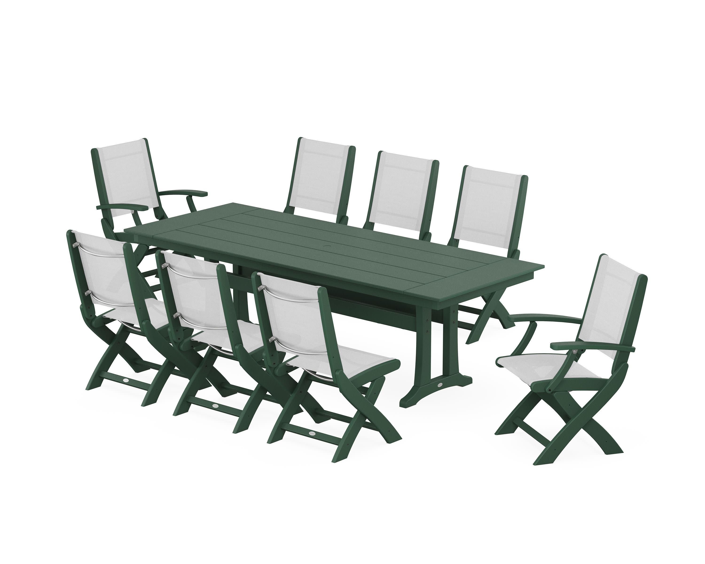 Coastal 9-Piece Folding Dining Chair Farmhouse Dining Set with Trestle Legs in Green / White Sling