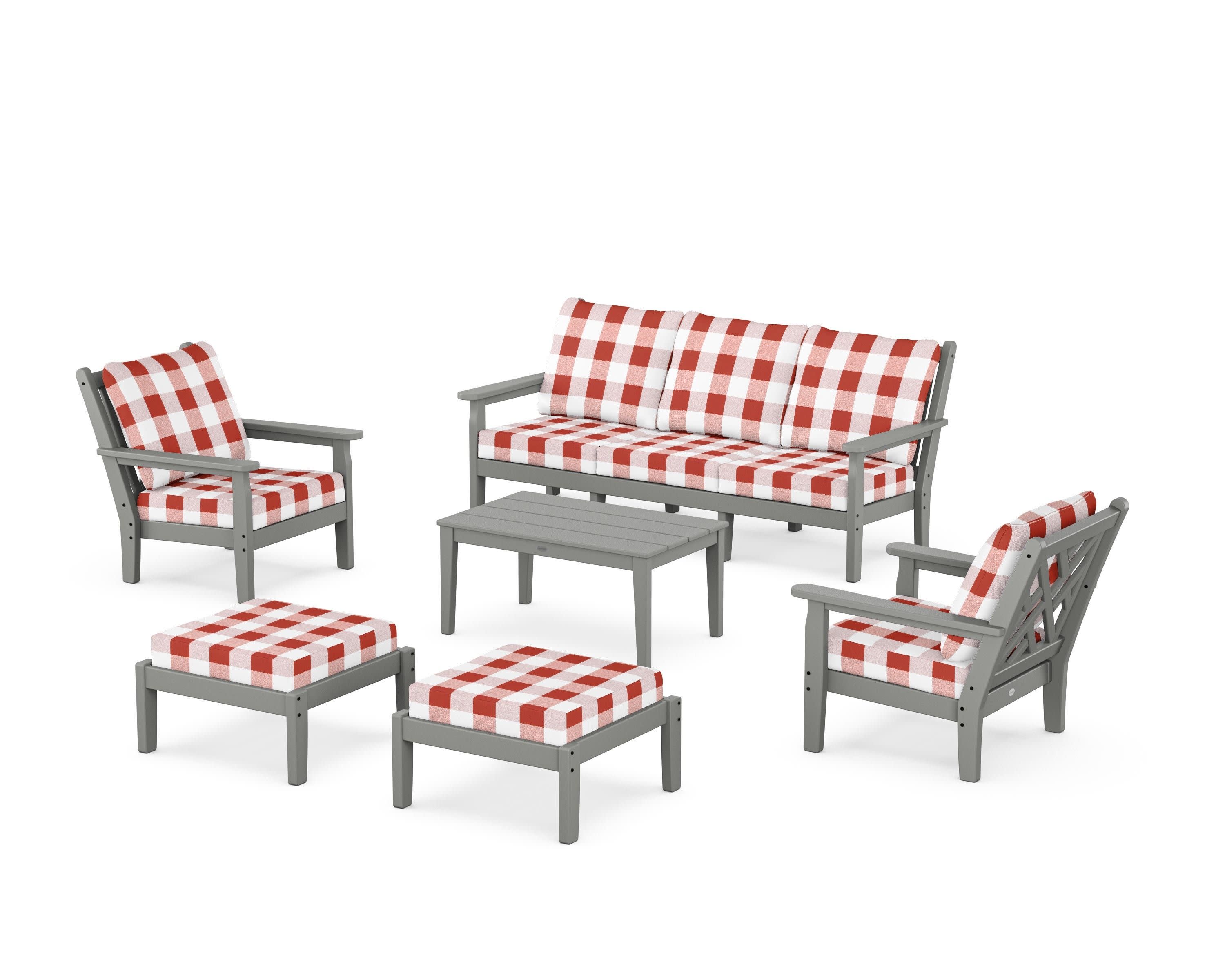 Chippendale 6-Piece Lounge Sofa Set in Slate Grey / Buffalo Plaid Crimson
