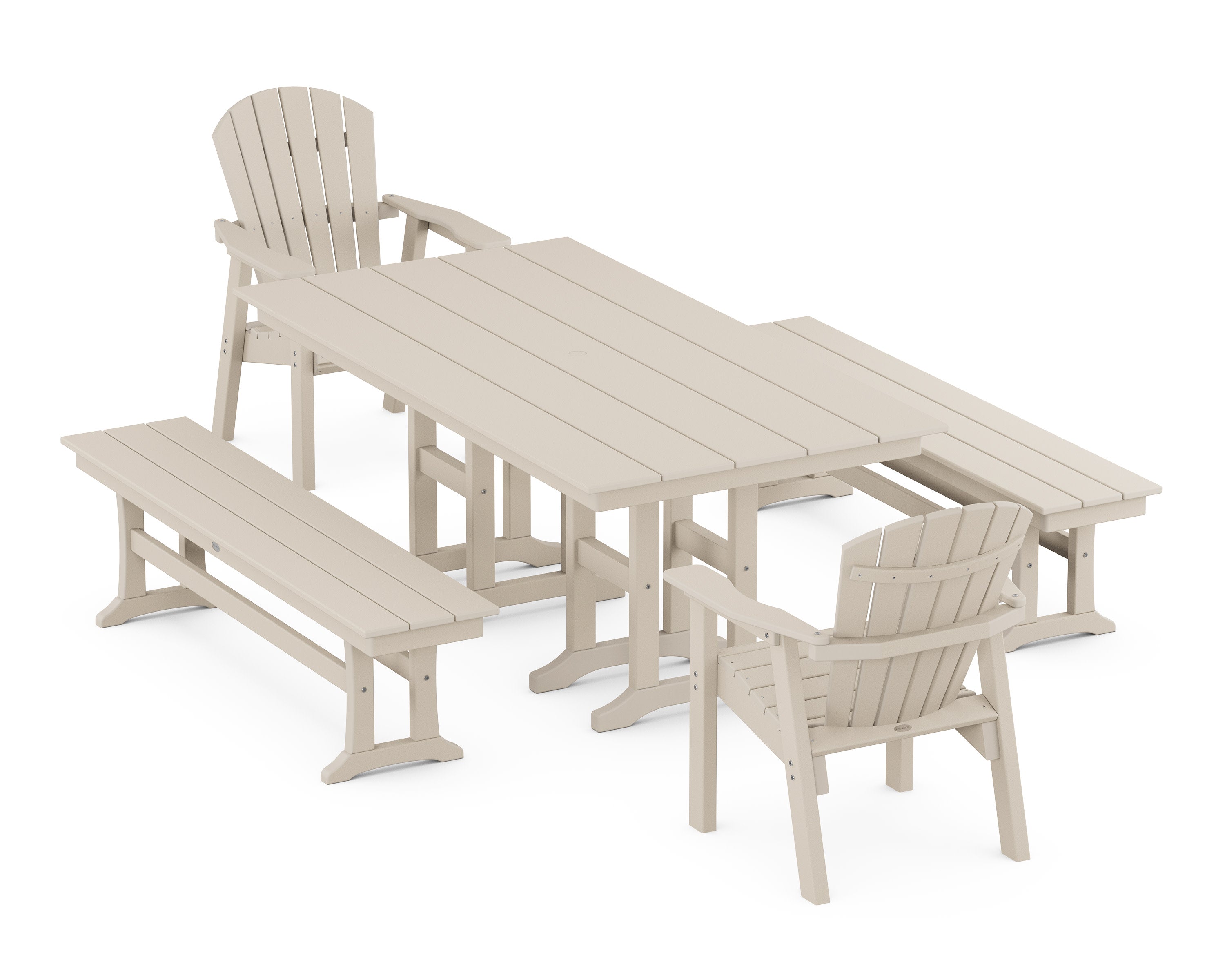 Seashell 5-Piece Farmhouse Dining Set with Benches in Sand