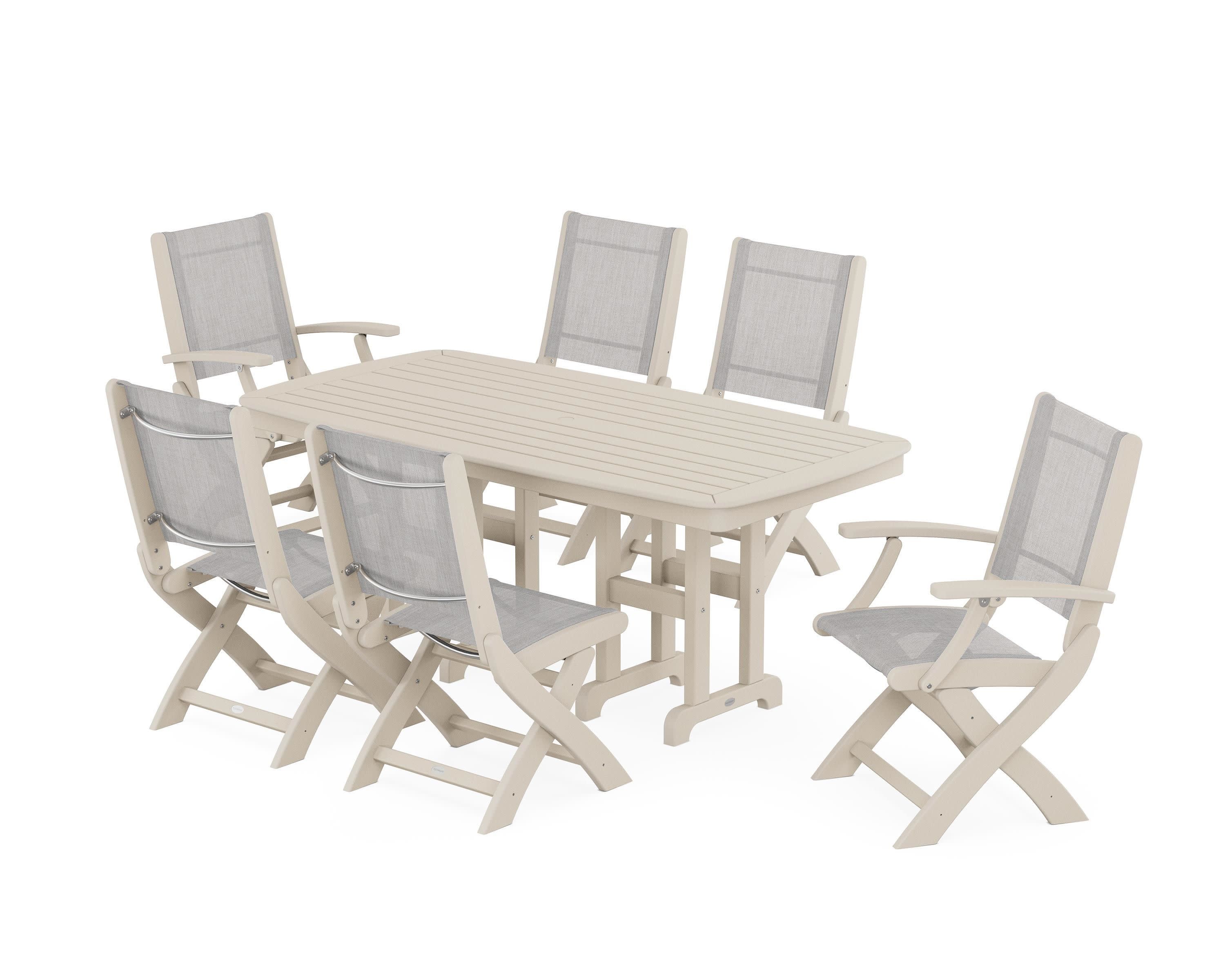 Coastal Folding Chair 7-Piece Dining Set in Sand / Parchment Sling