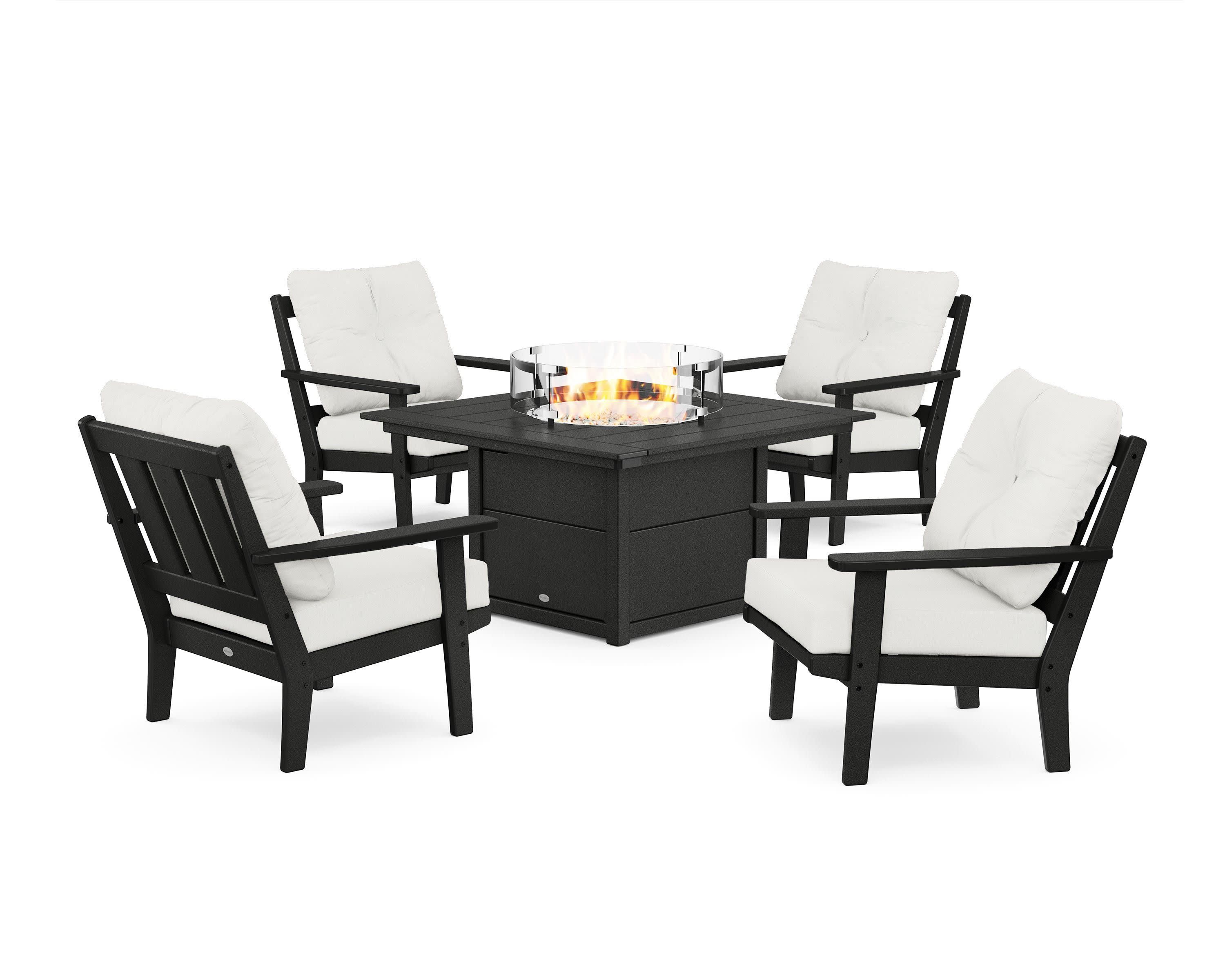 Oxford 5-Piece Deep Seating Set with Fire Pit Table in Black / Natural Linen