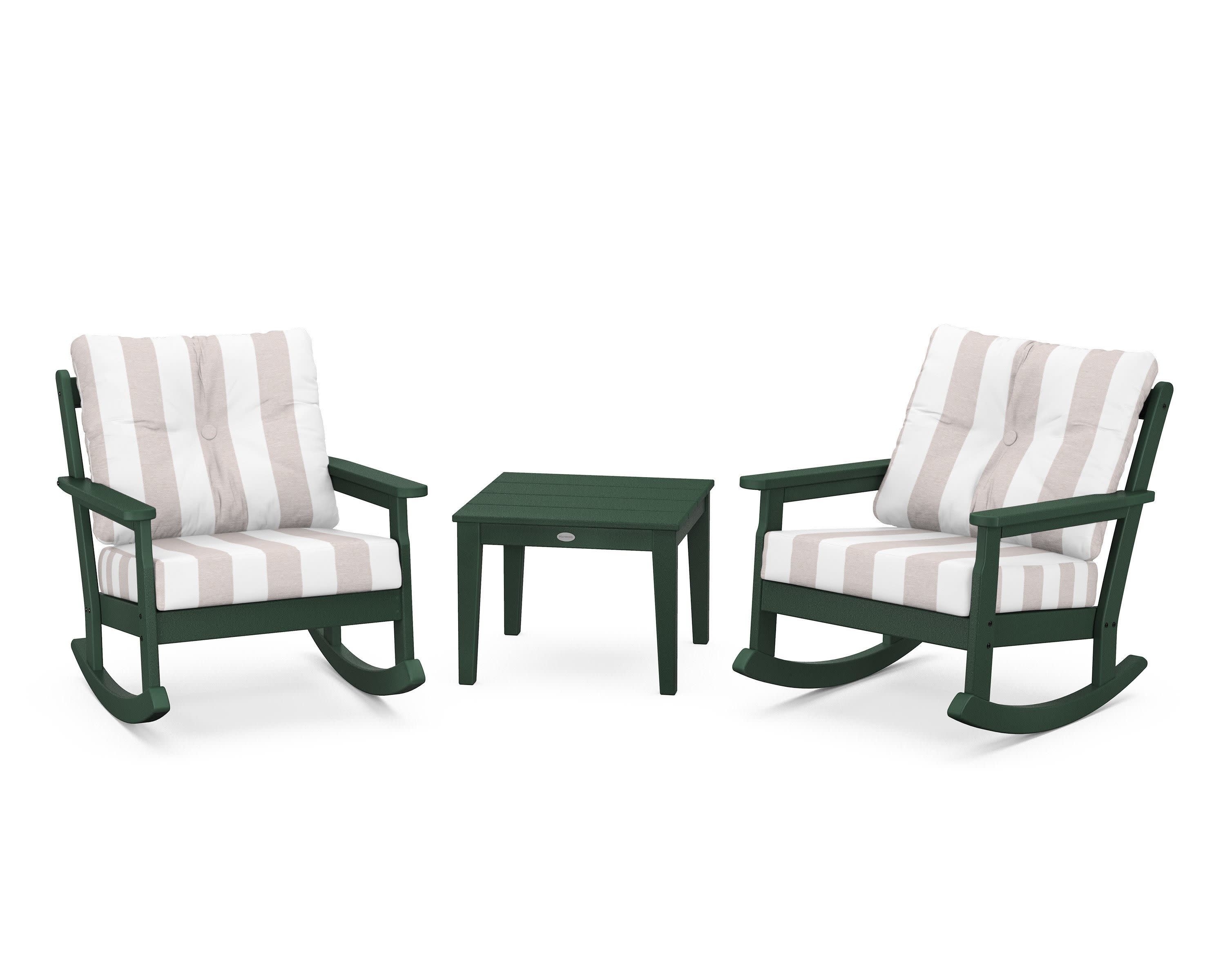 Vineyard 3-Piece Deep Seating Rocker Set in Green / Cabana Stripe Dune Burlap