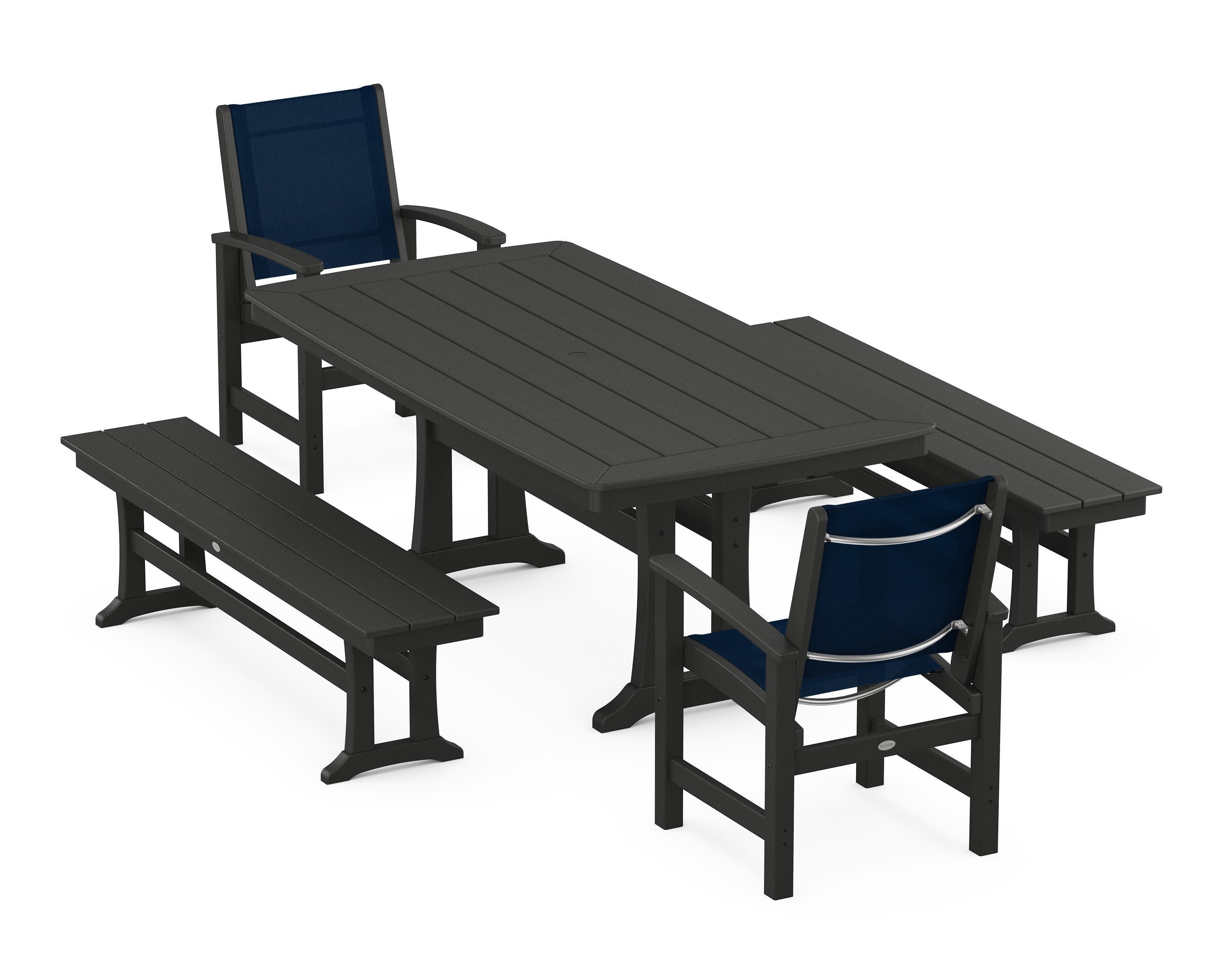 Coastal 5-Piece Dining Set with Trestle Legs and Benches in Black / Navy Blue Sling