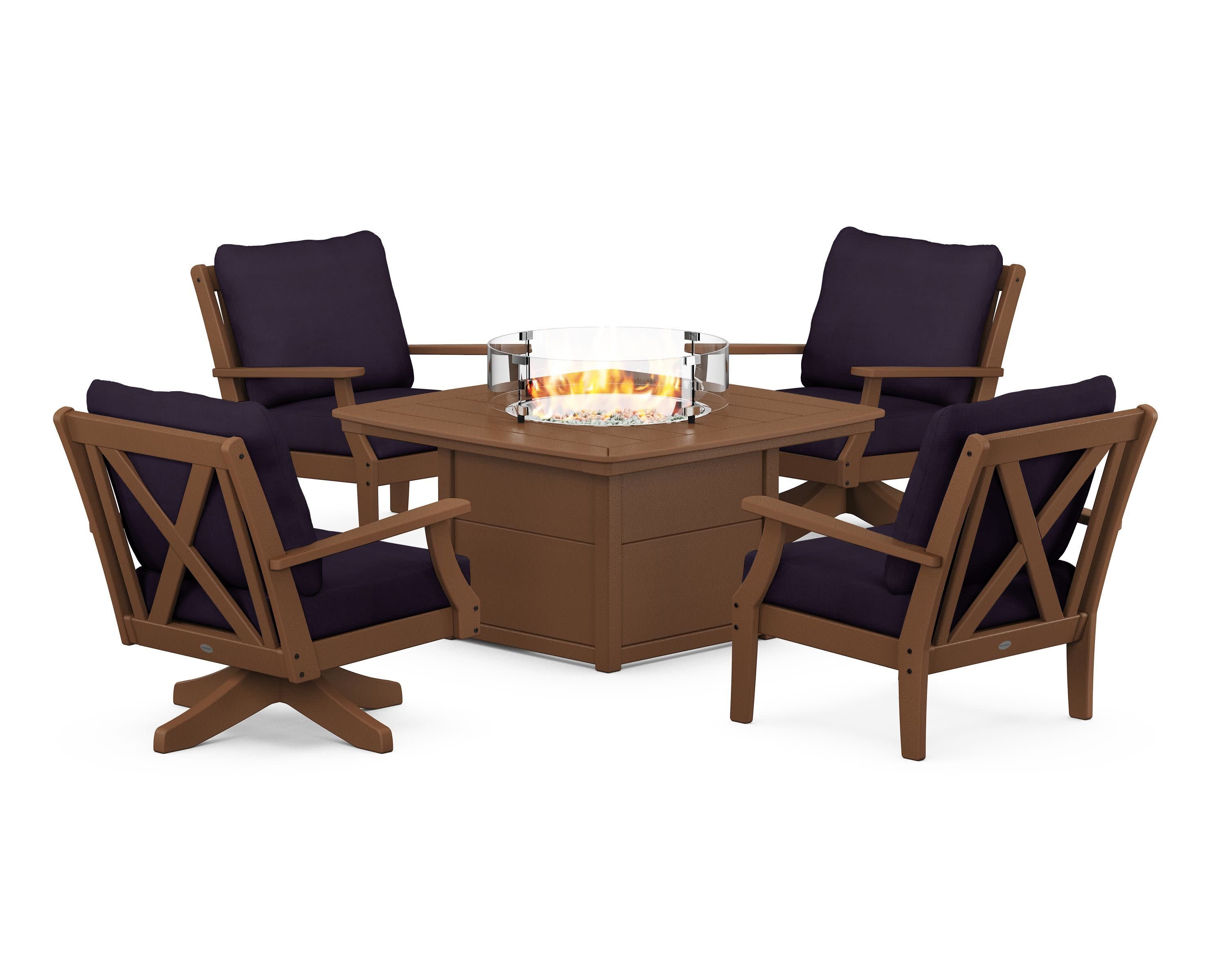 Braxton 5-Piece Deep Seating Set with Fire Table in Teak / Navy Linen