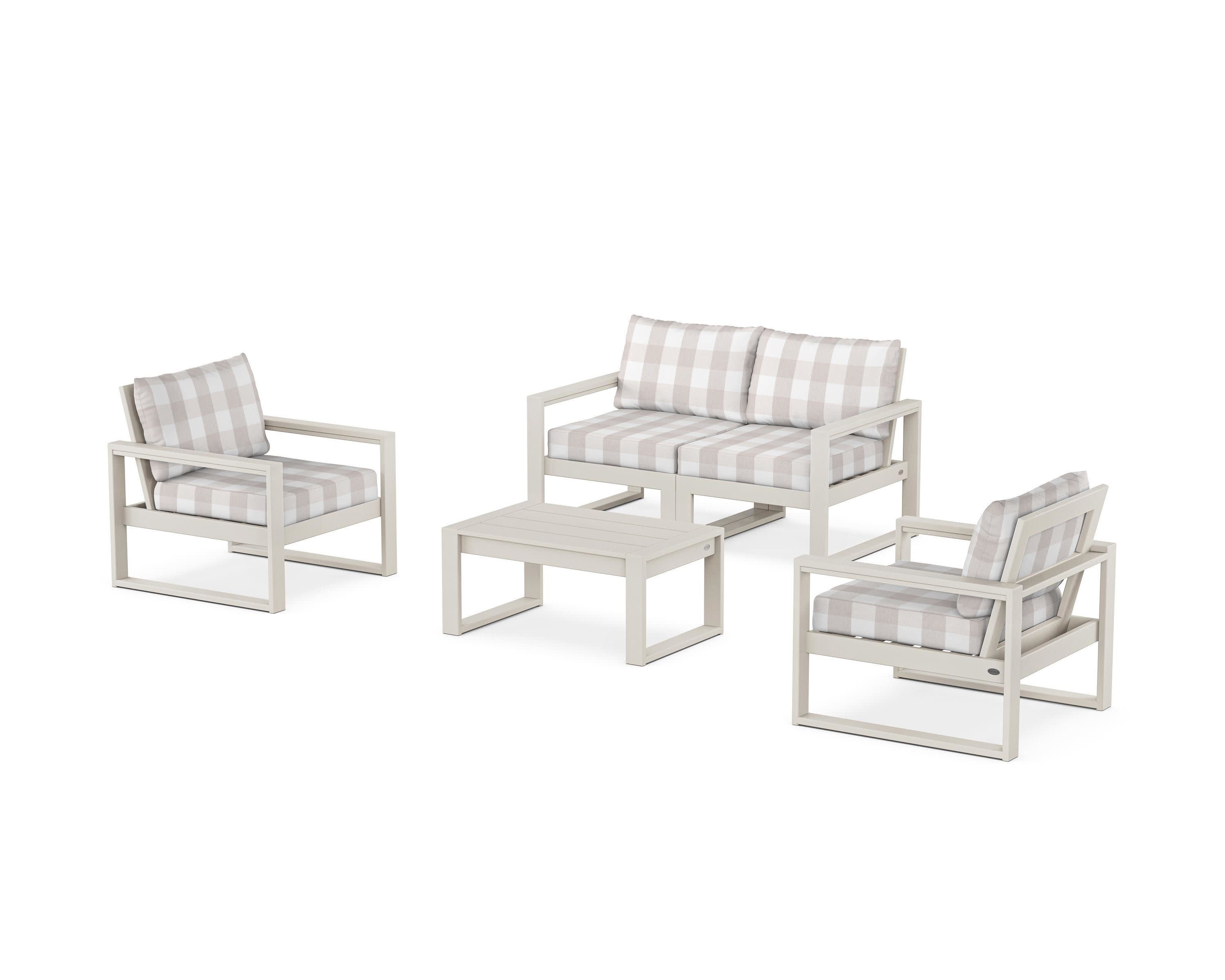 EDGE Sectional 4-Piece Deep Seating Set with Loveseat in Sand / Buffalo Plaid Dune Burlap