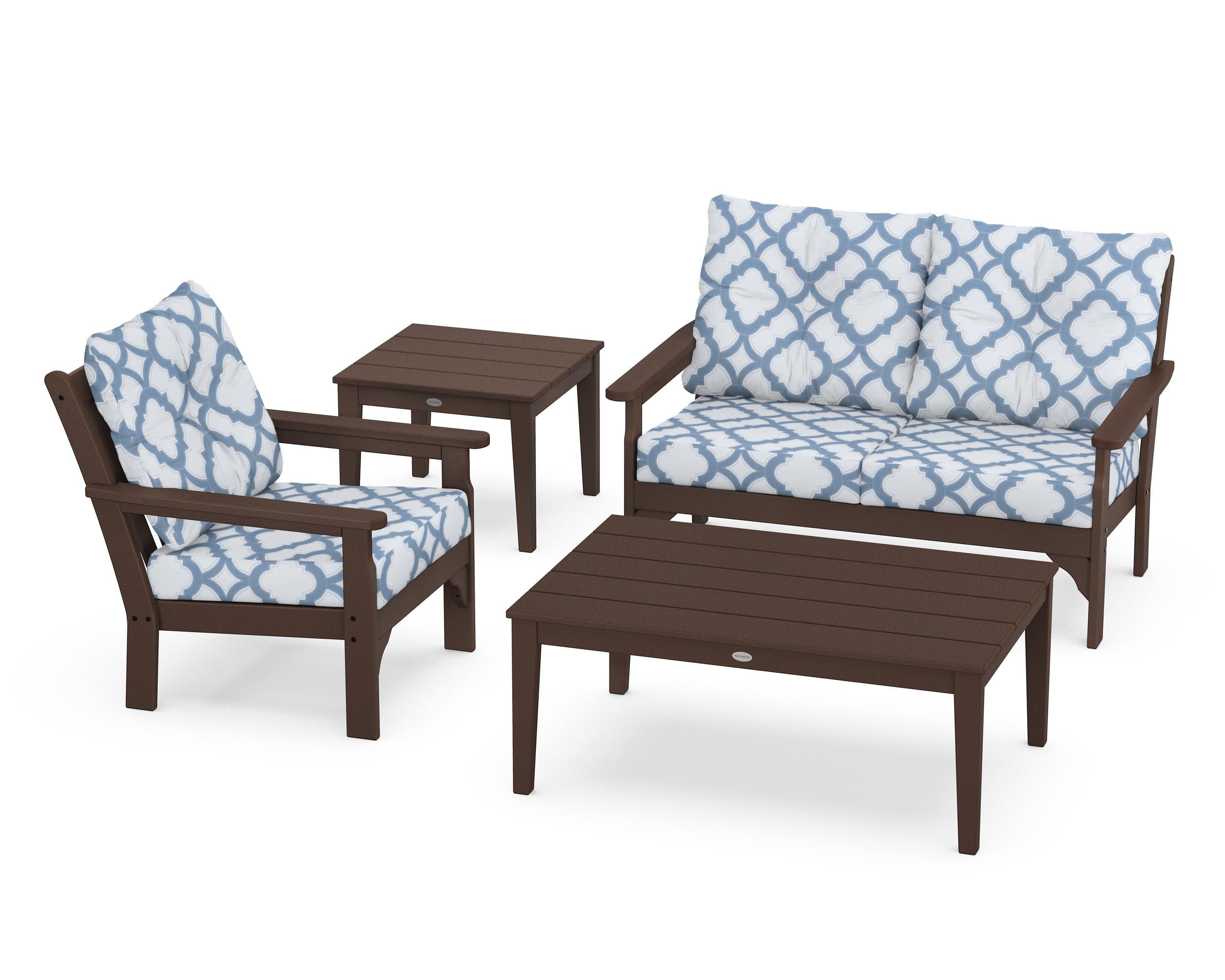 Vineyard 4-Piece Deep Seating Set in Mahogany / Trellis Sky Blue