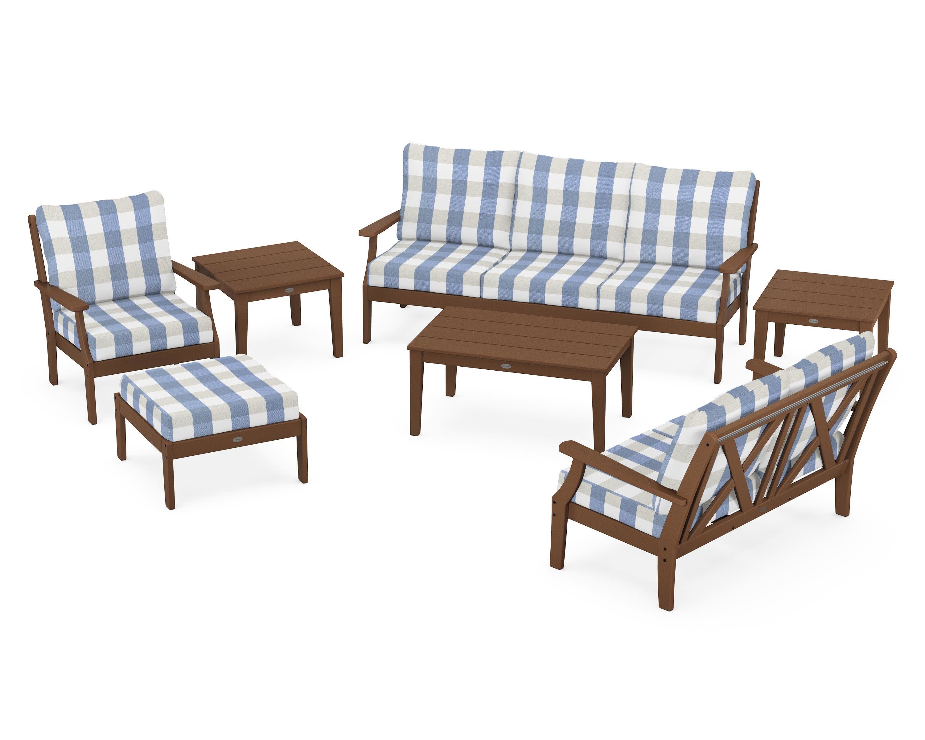 Braxton 7-Piece Deep Seating Set in Teak / Buffalo Plaid Sky Blue