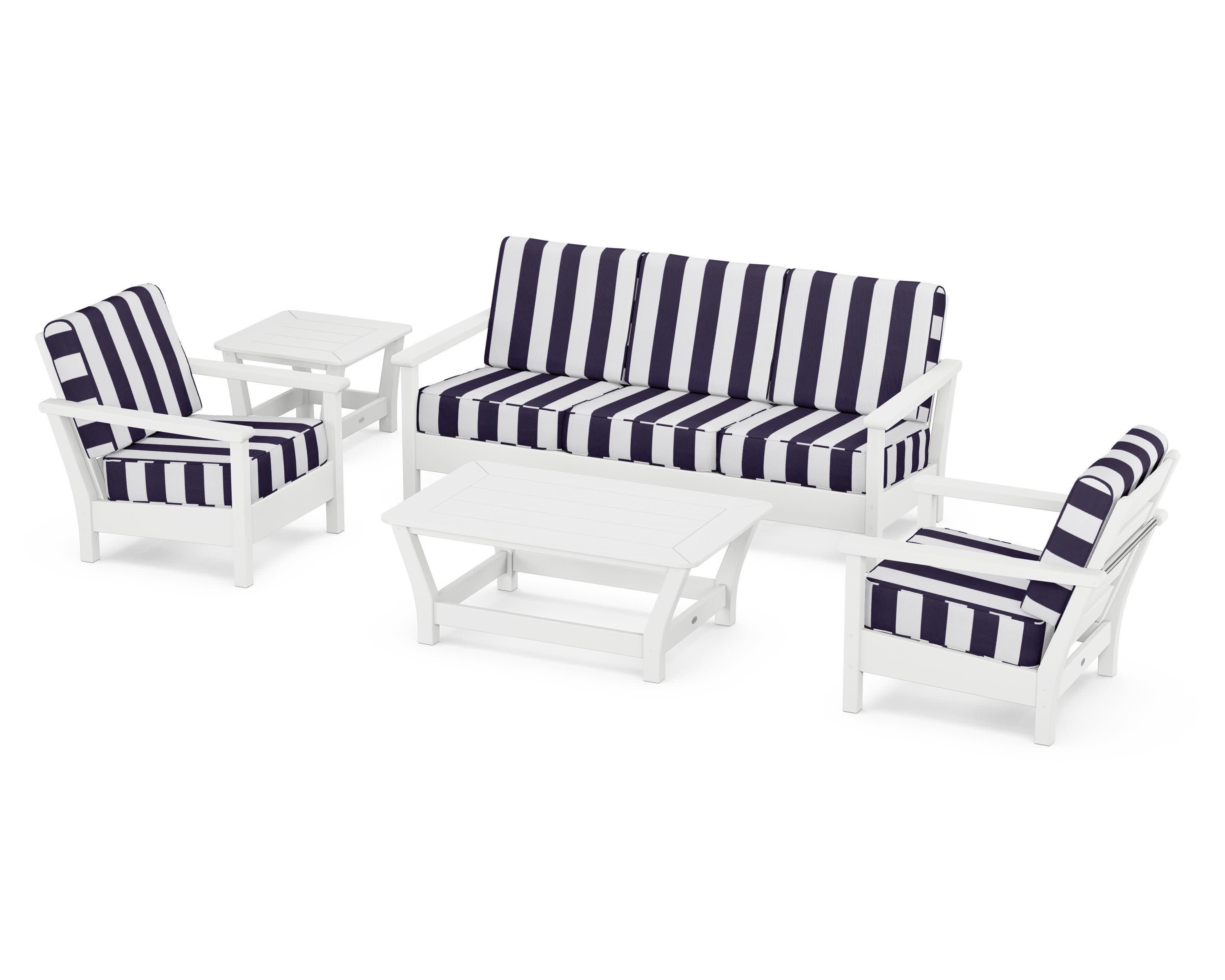 Harbour 5-Piece Deep Seating Set in White / Cabana Stripe Navy