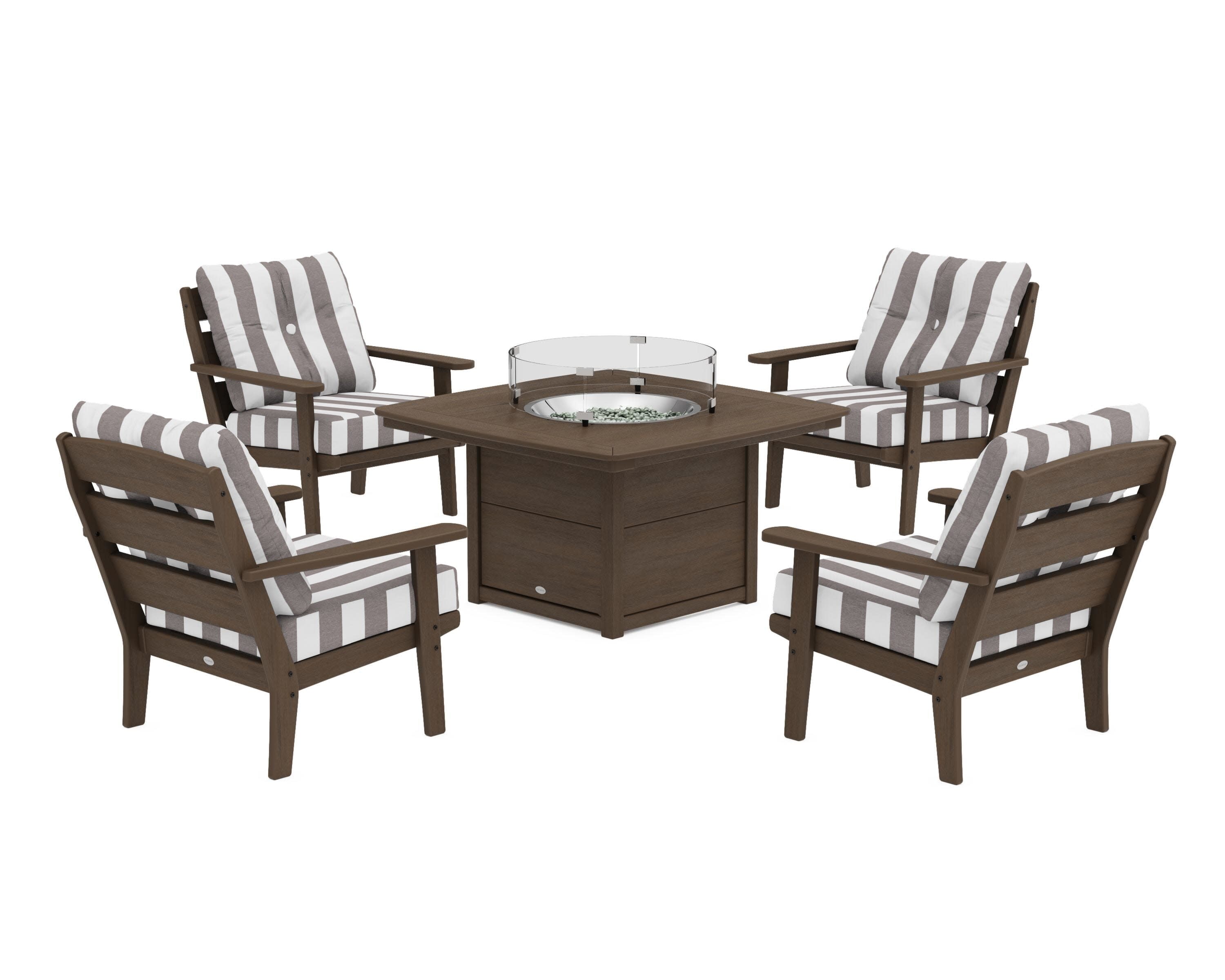 Lakeside 5-Piece Deep Seating Set with Nautical Fire Pit Table in Kona / Cabana Stripe Grey Mist