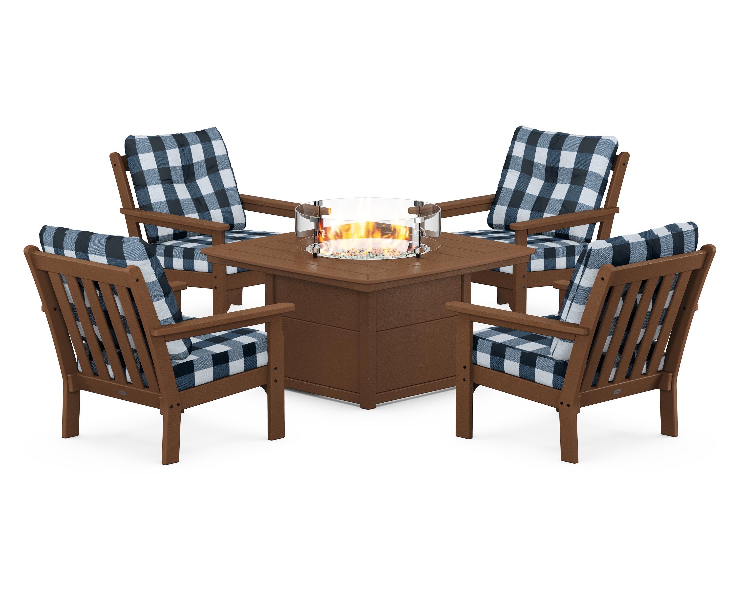 Vineyard 5-Piece Conversation Set with Fire Pit Table in Teak / Buffalo Plaid Marine Indigo