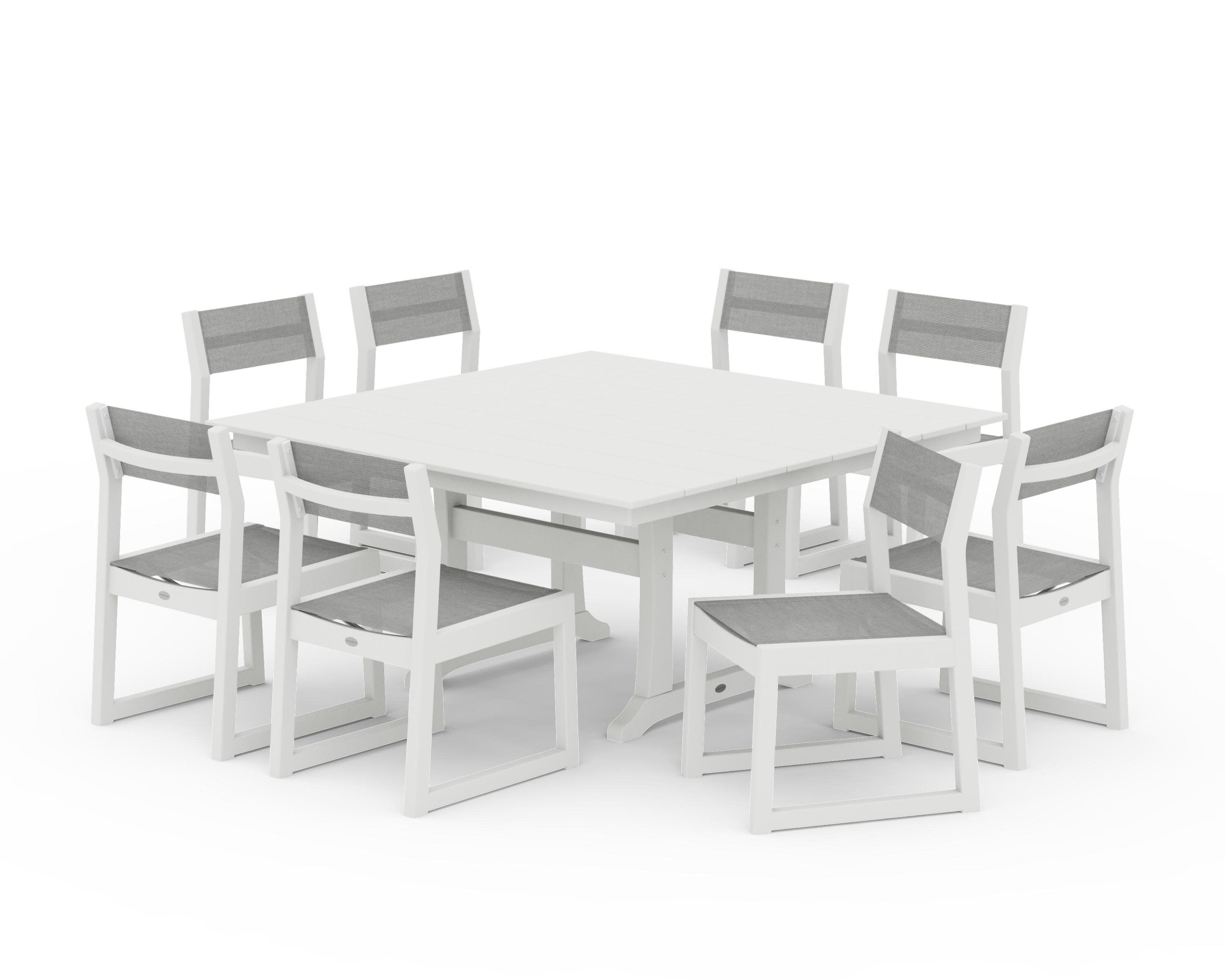 EDGE Sling Side Chair 9-Piece Farmhouse Trestle Dining Set in Vintage White / Metallic Sling