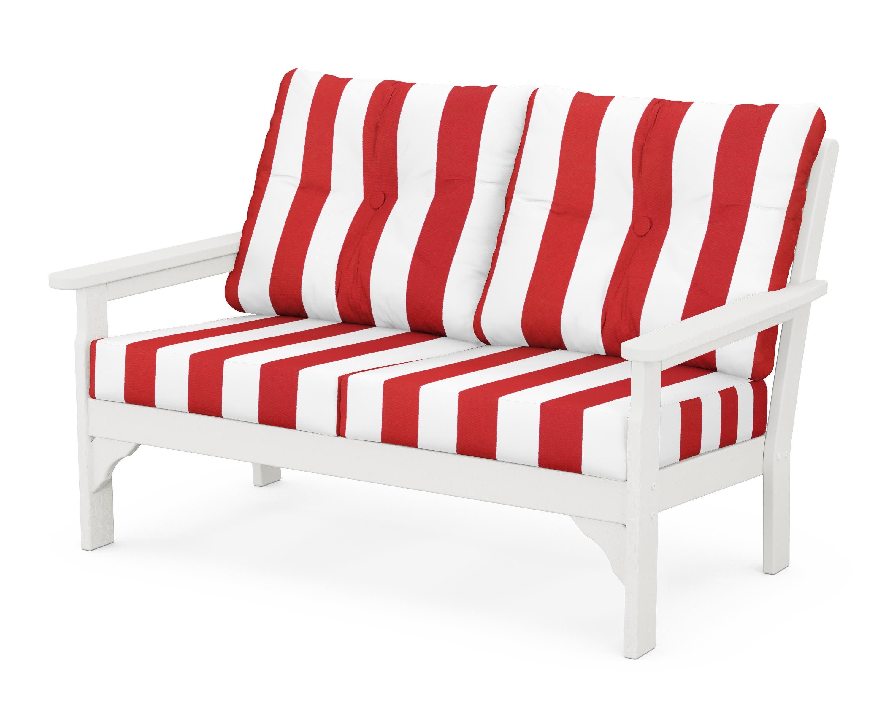 Vineyard Deep Seating Loveseat in Vintage White / Cabana Stripe Crimson