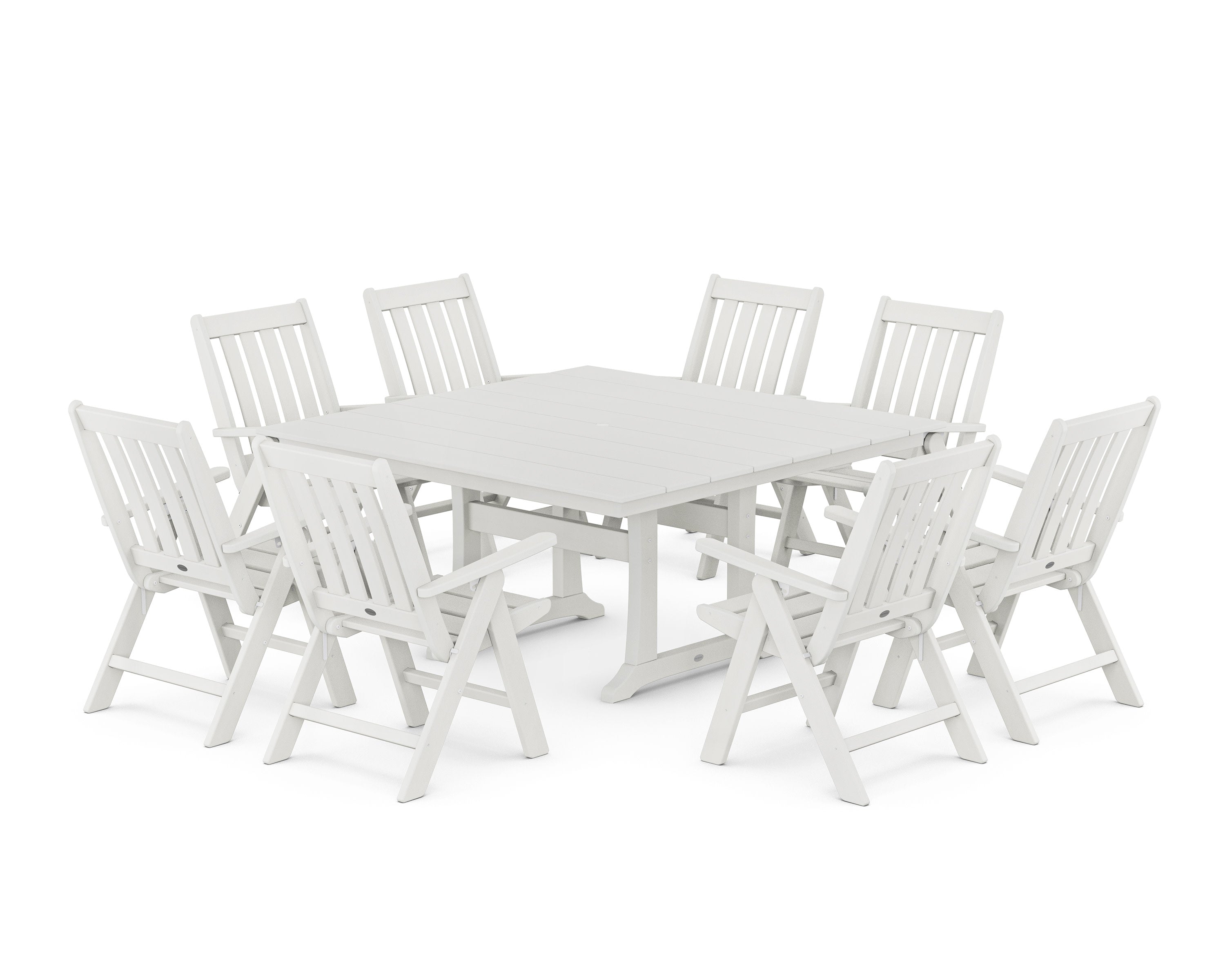 Vineyard Folding Chair 9-Piece Square Farmhouse Dining Set with Trestle Legs in Vintage White