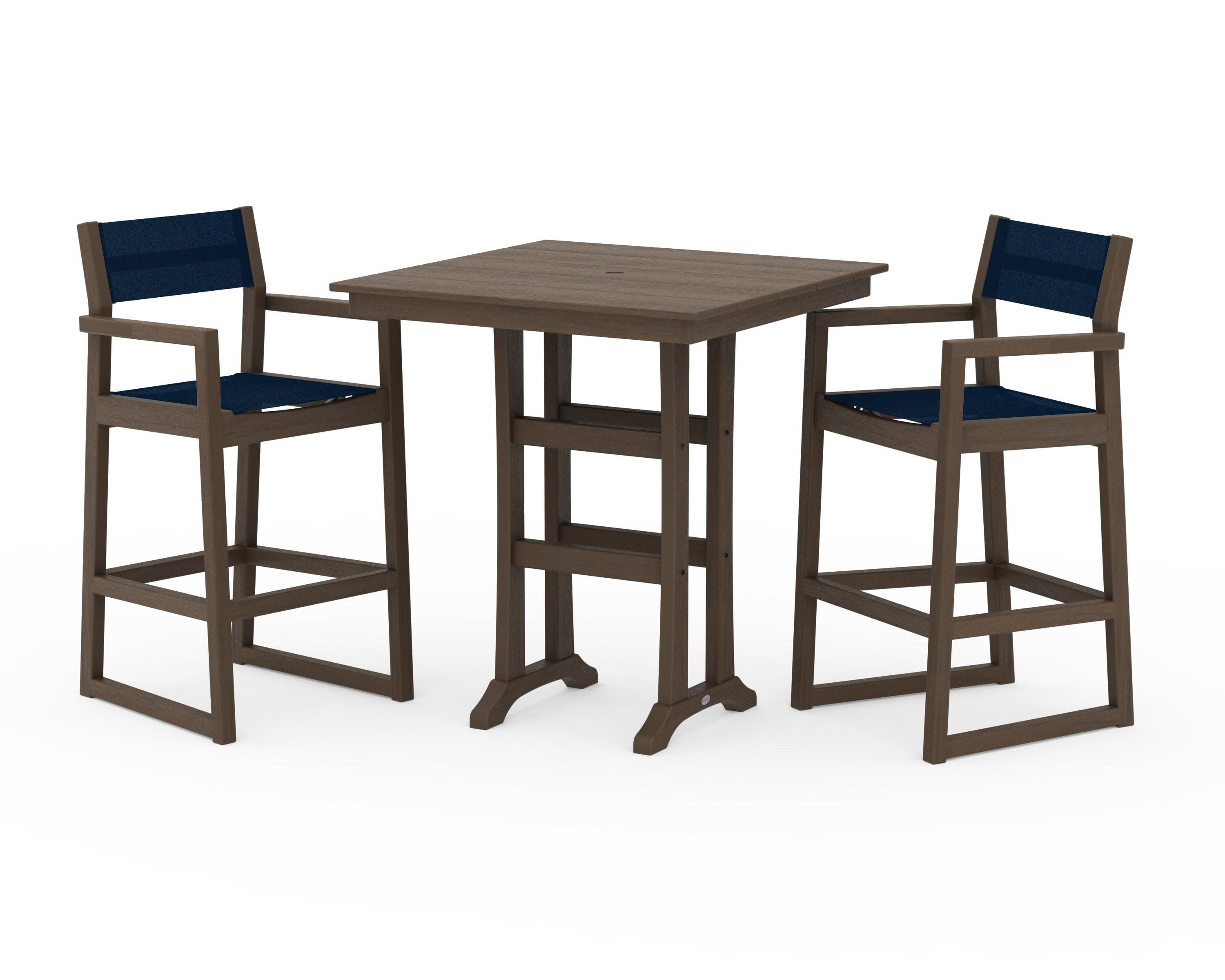 EDGE Sling Arm Chair 3-Piece Farmhouse Bar Set with Trestle Legs in Kona / Navy Blue Sling