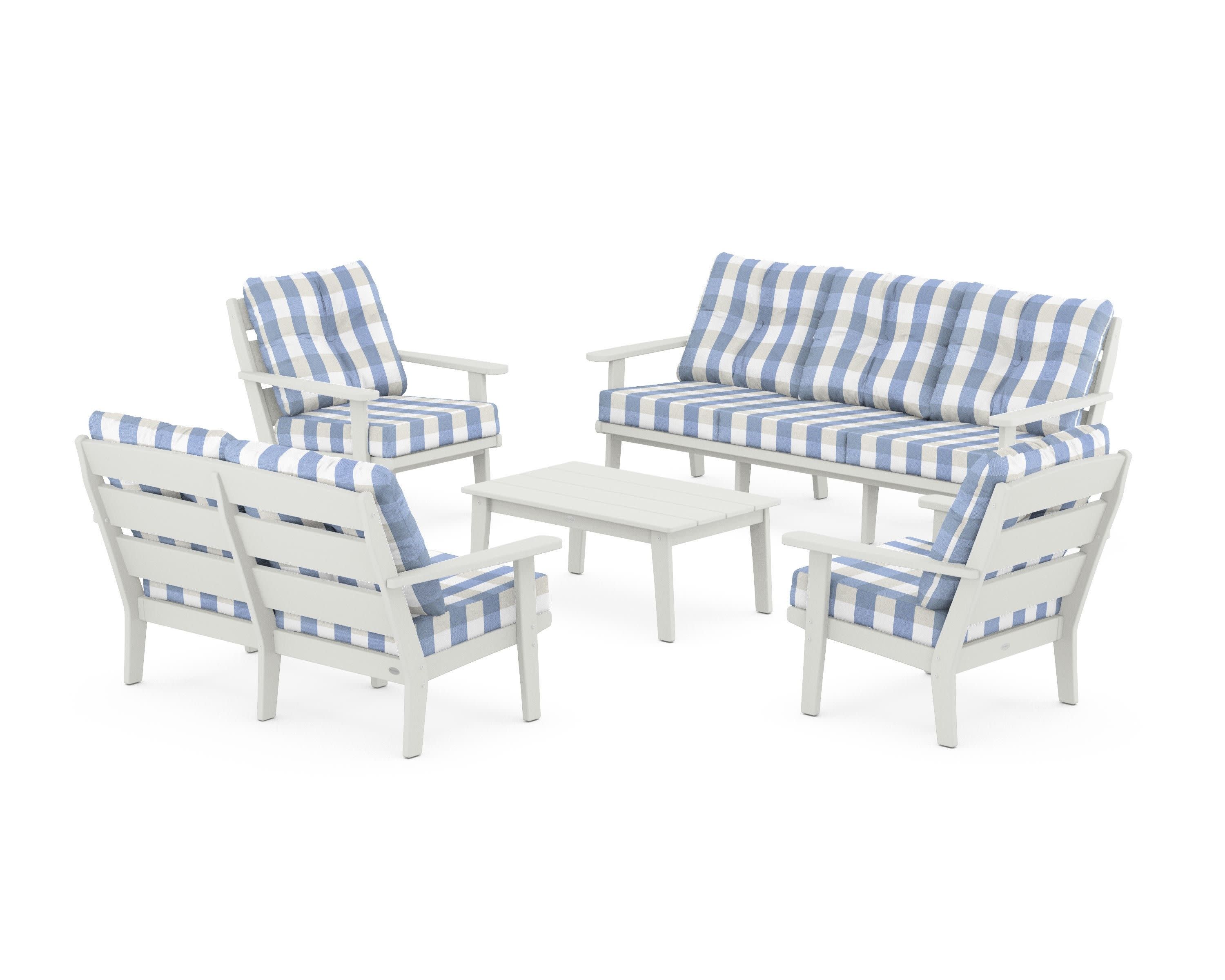 Lakeside 5-Piece Lounge Sofa Set in Vintage White / Buffalo Plaid Sky Blue
