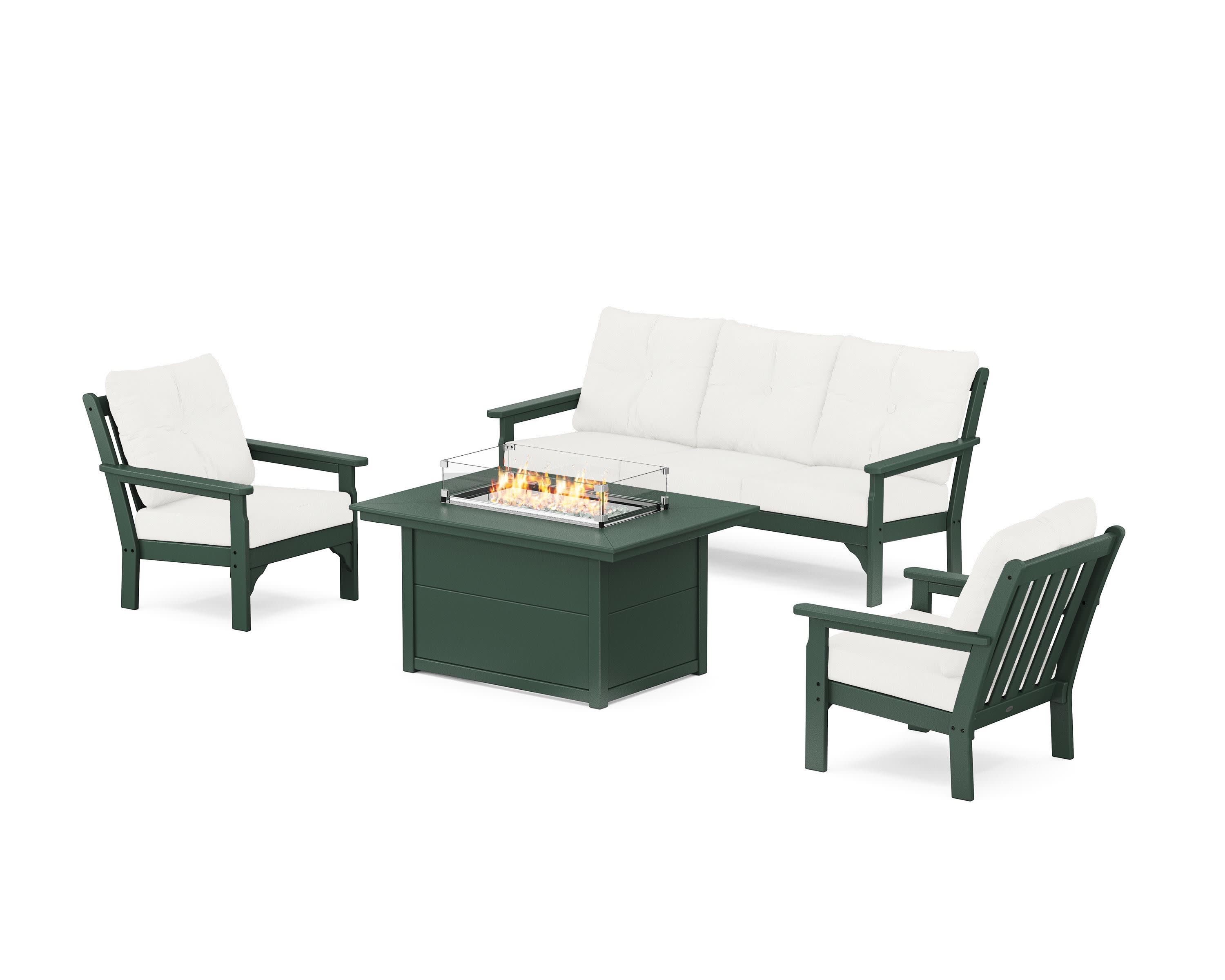 Vineyard Deep Seating Fire Pit Table Set in Green / Natural Linen