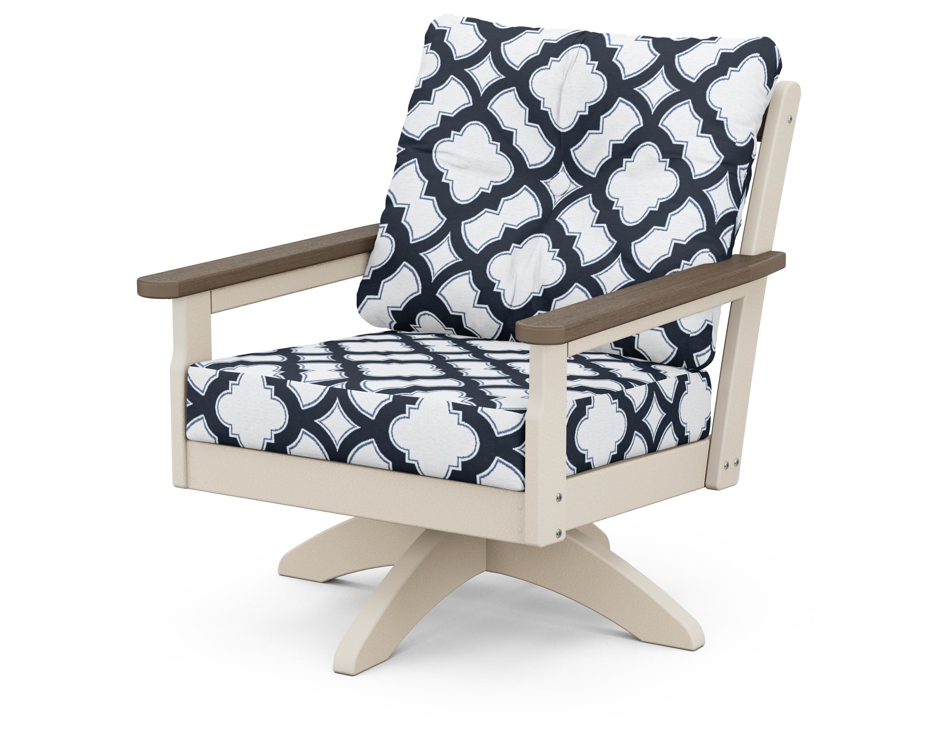 Vineyard Deep Seating Swivel Chair in Sand / Kona / Trellis Marine Indigo