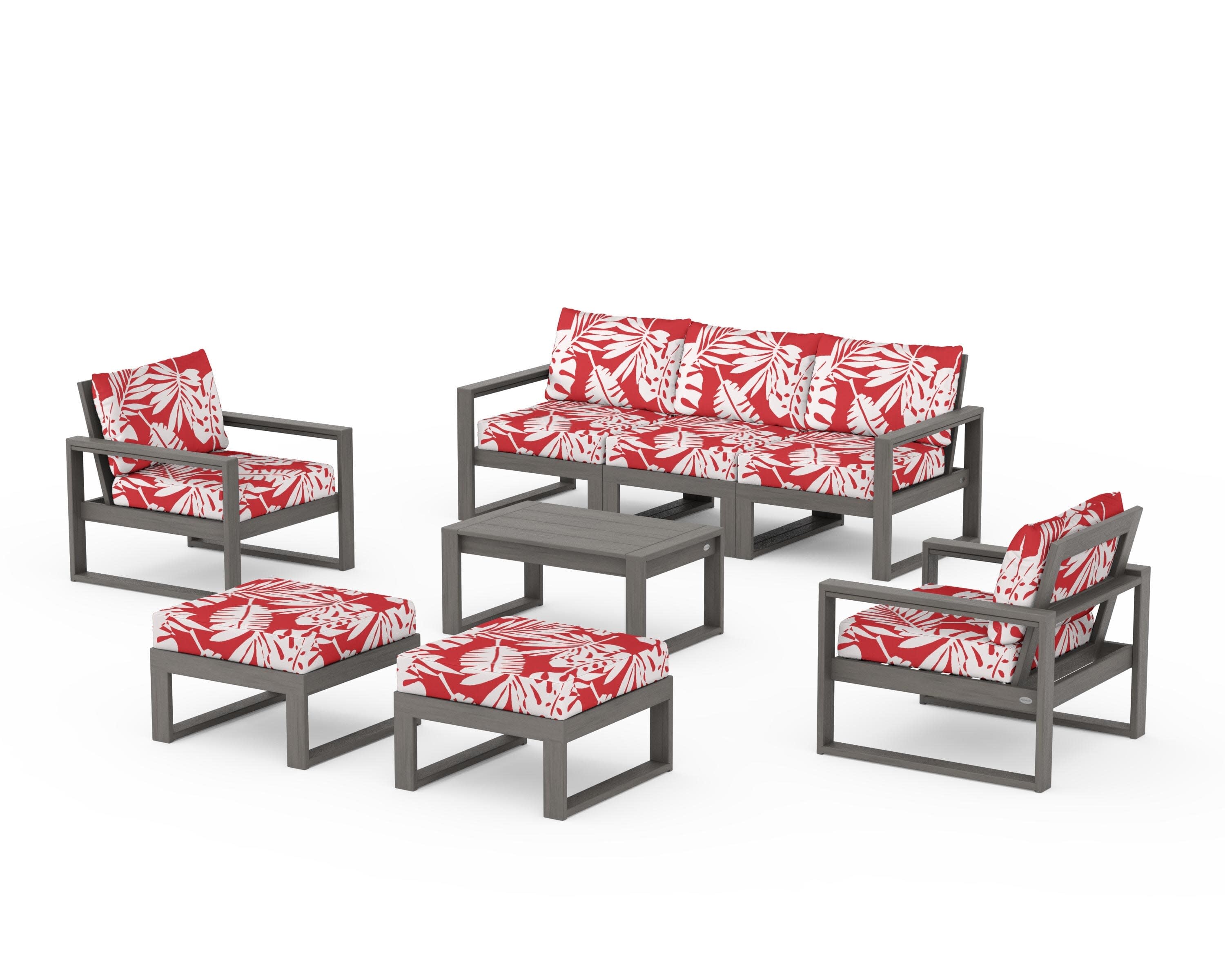 EDGE Sectional 8-Piece Lounge Sofa Set in Driftwood / Leaf Crimson