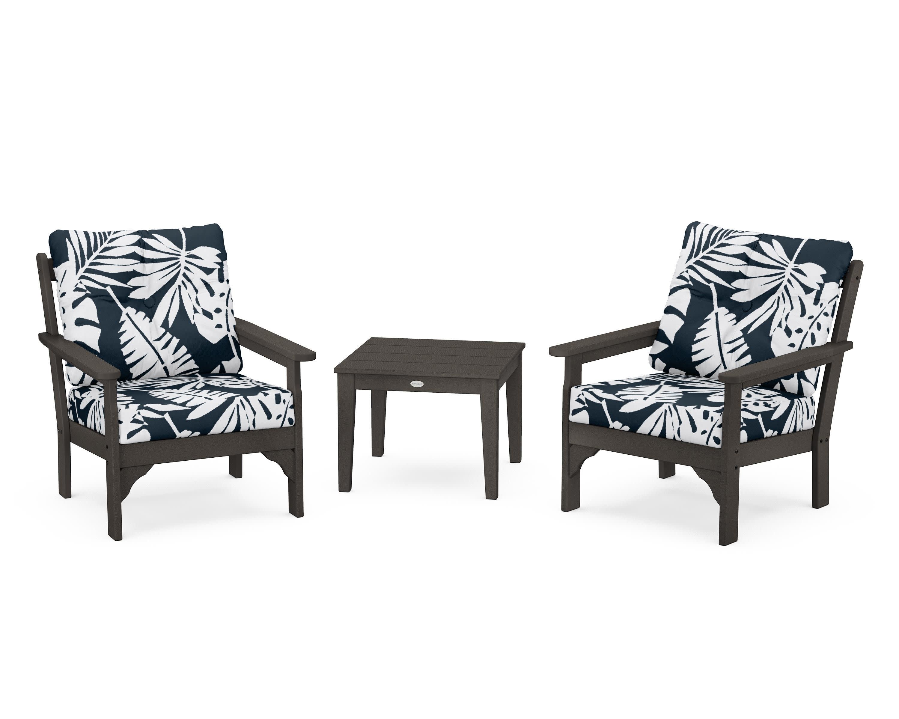Vineyard 3-Piece Deep Seating Set in Vintage Coffee / Leaf Marine Indigo