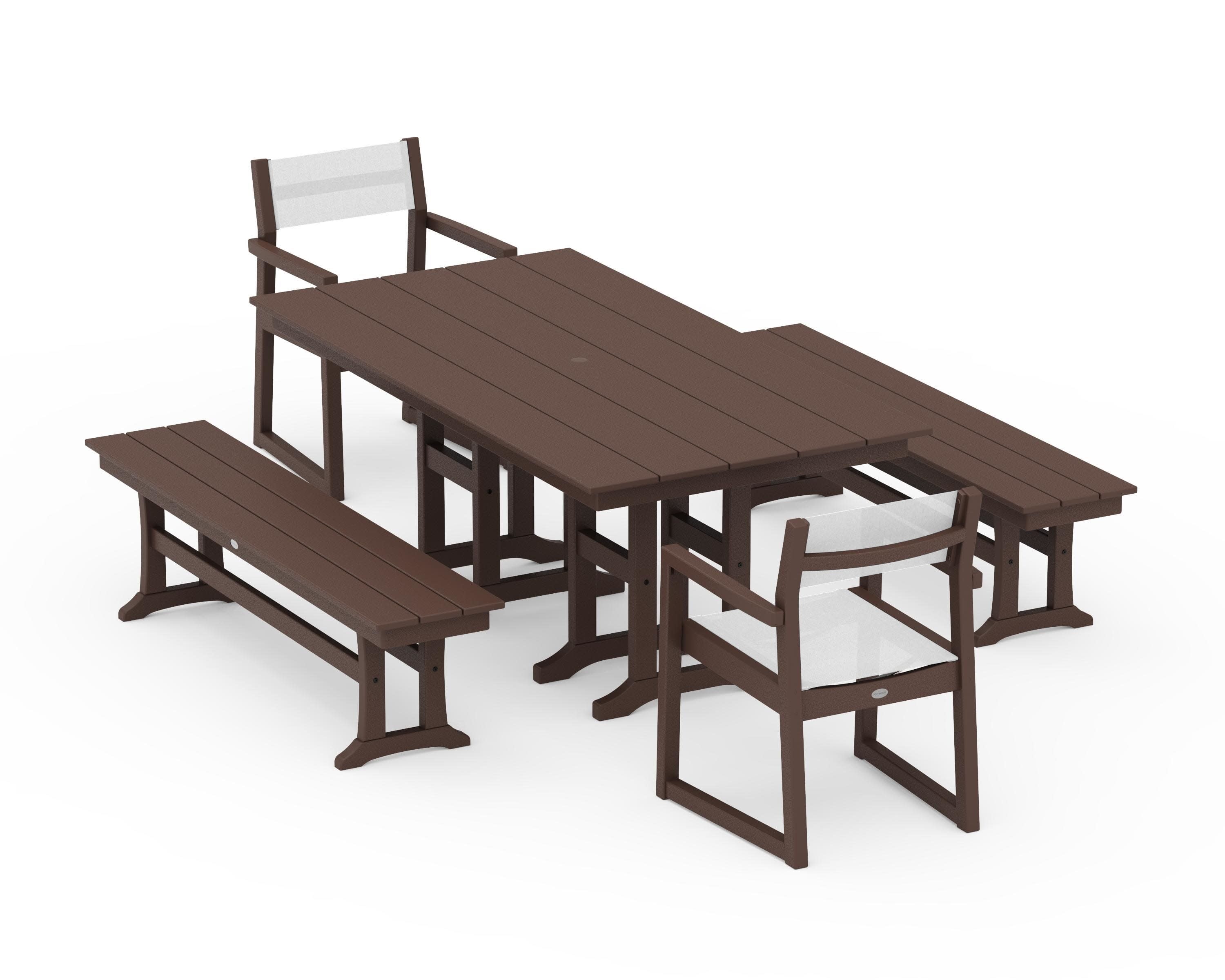 EDGE Sling Arm Chair 5-Piece Farmhouse Dining Set with Benches in Mahogany / White Sling