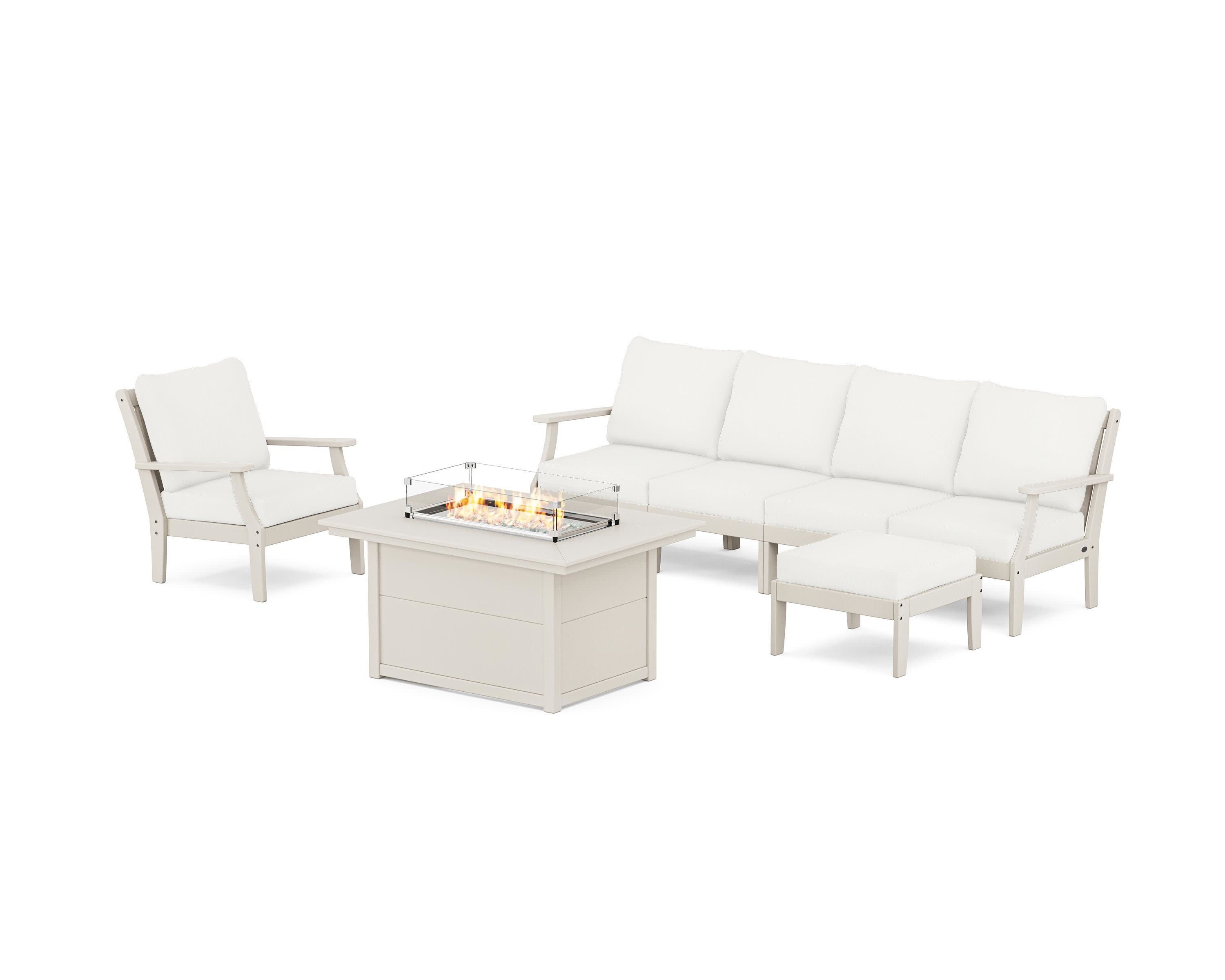 Braxton Sectional Lounge and Fire Pit Set in Sand / Natural Linen
