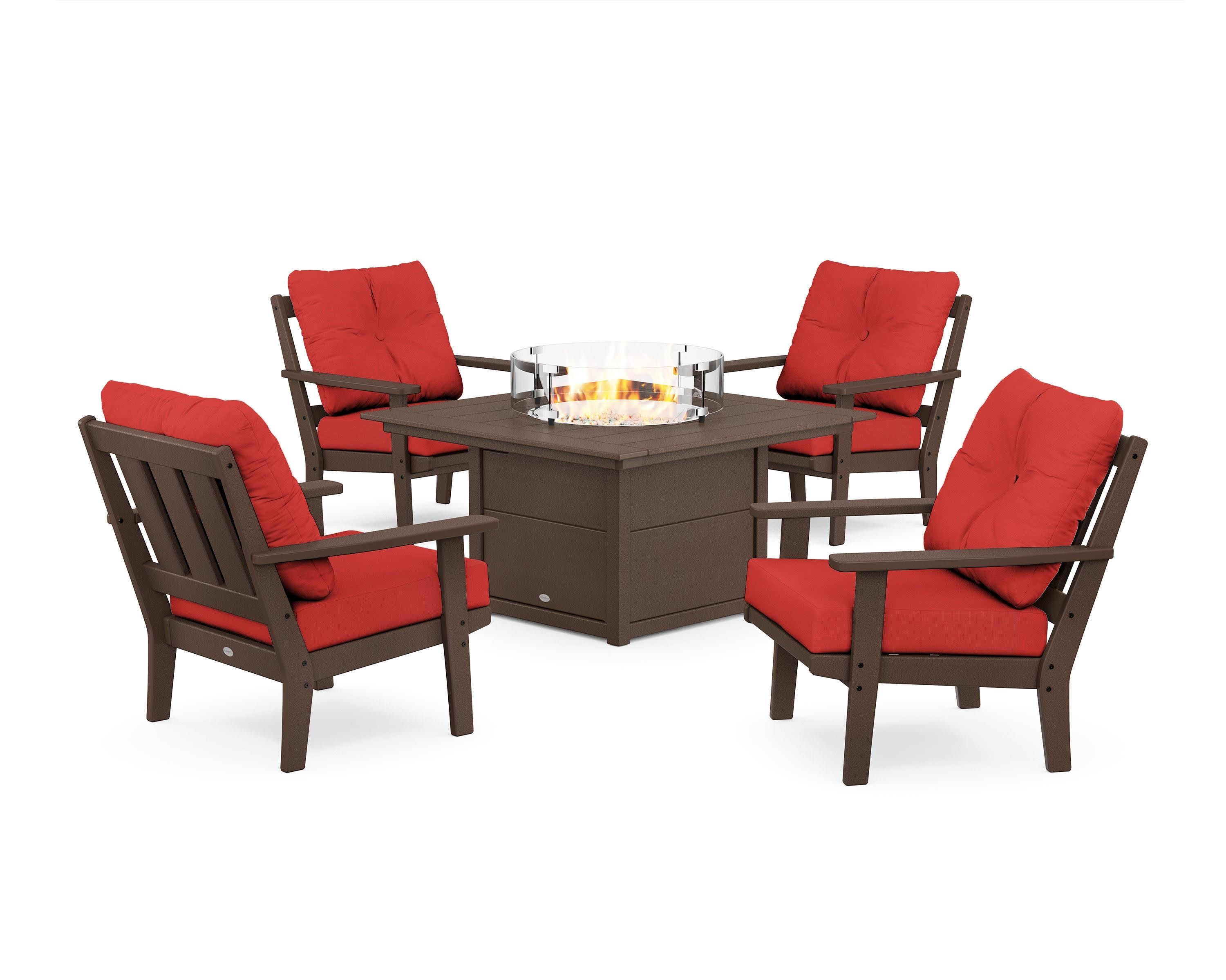 Oxford 5-Piece Deep Seating Set with Fire Pit Table in Mahogany / Crimson Linen