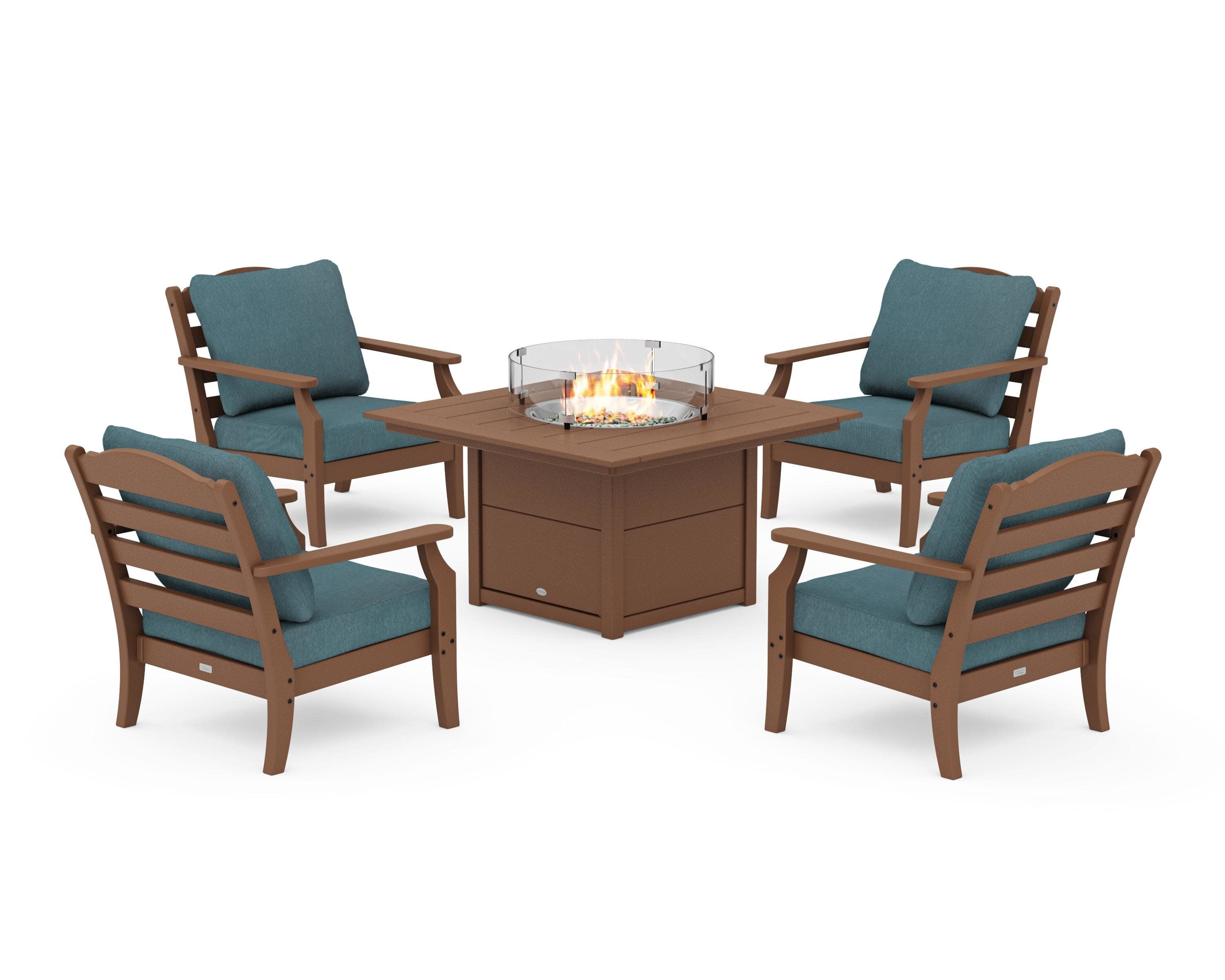 Savannah 5-Piece Deep Seating Set with Fire Pit Table in Teak / Ocean Teal