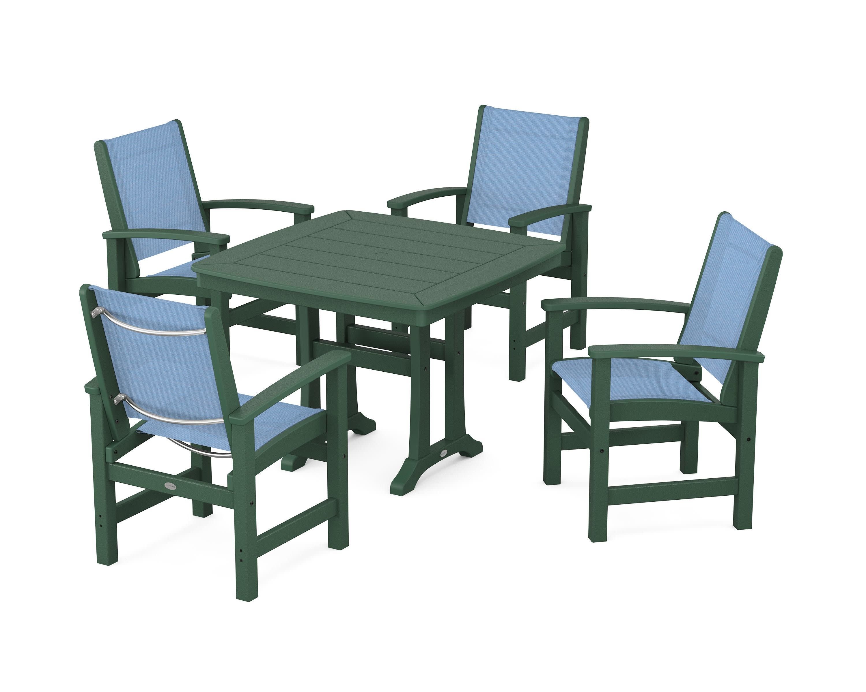 Coastal 5-Piece Dining Set with Trestle Legs in Green / Poolside Sling