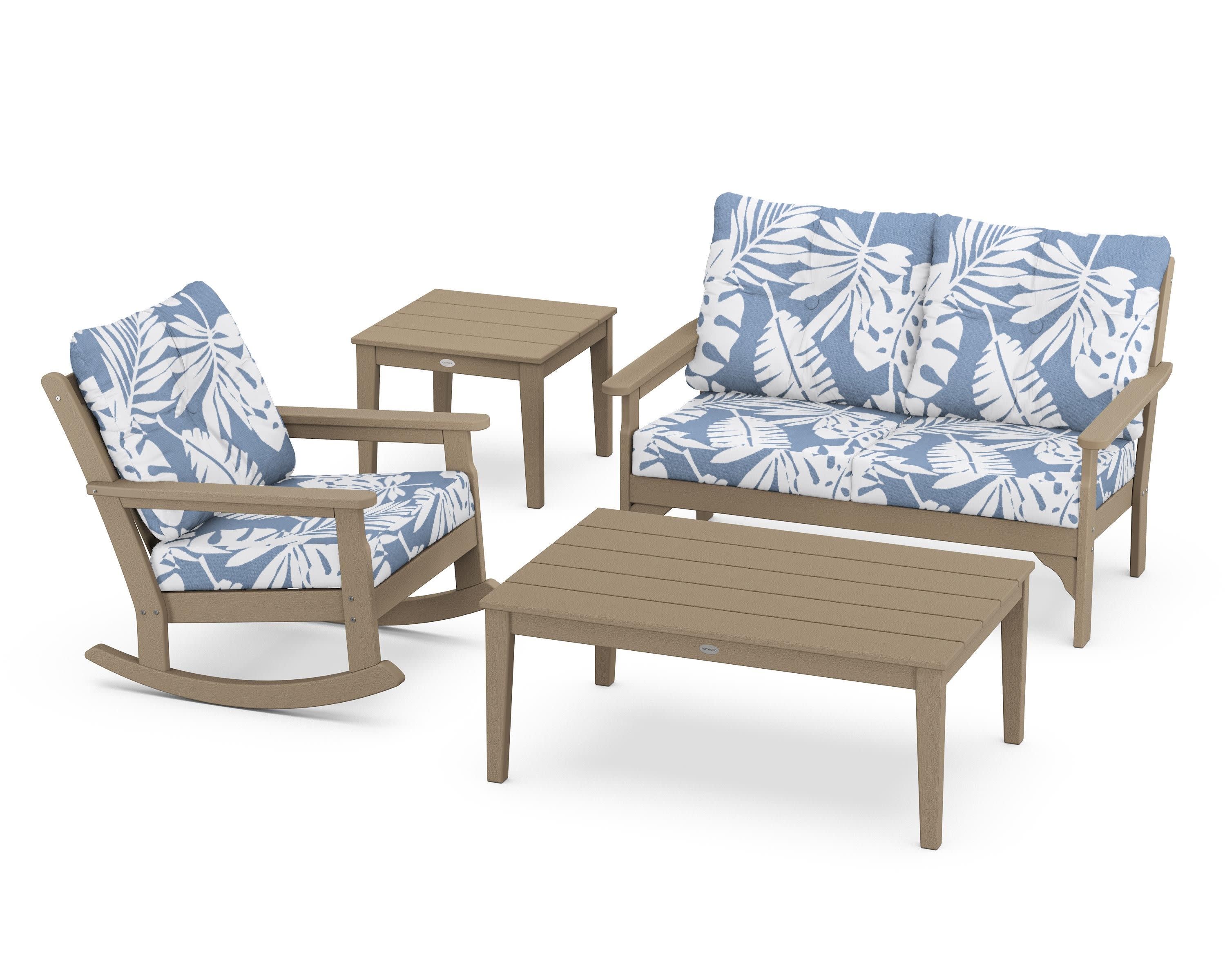 Vineyard 4-Piece Deep Seating Rocker Set in Vintage Sahara / Leaf Sky Blue
