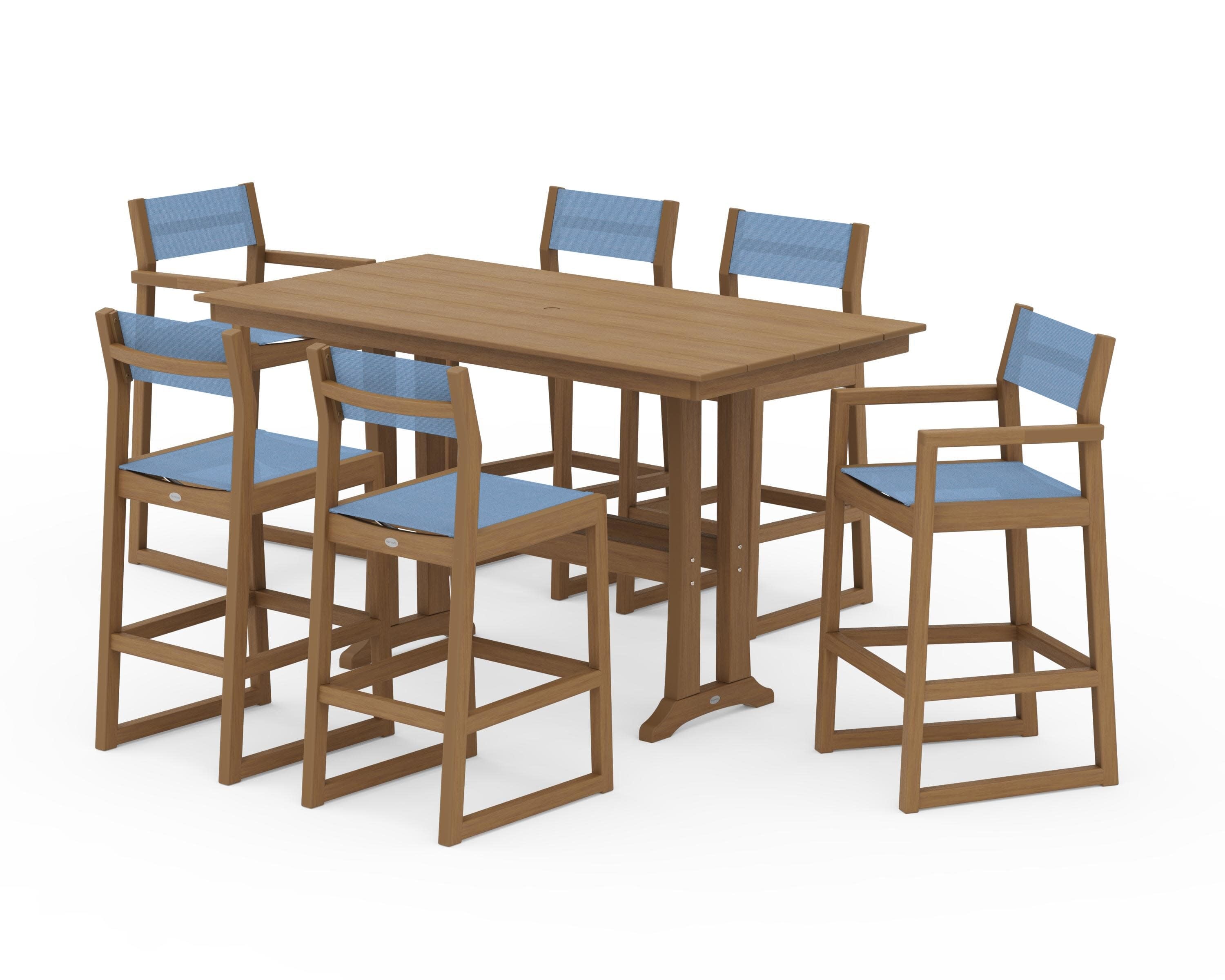 EDGE Sling 7-Piece Farmhouse Bar Set with Trestle Legs in Natural / Poolside Sling