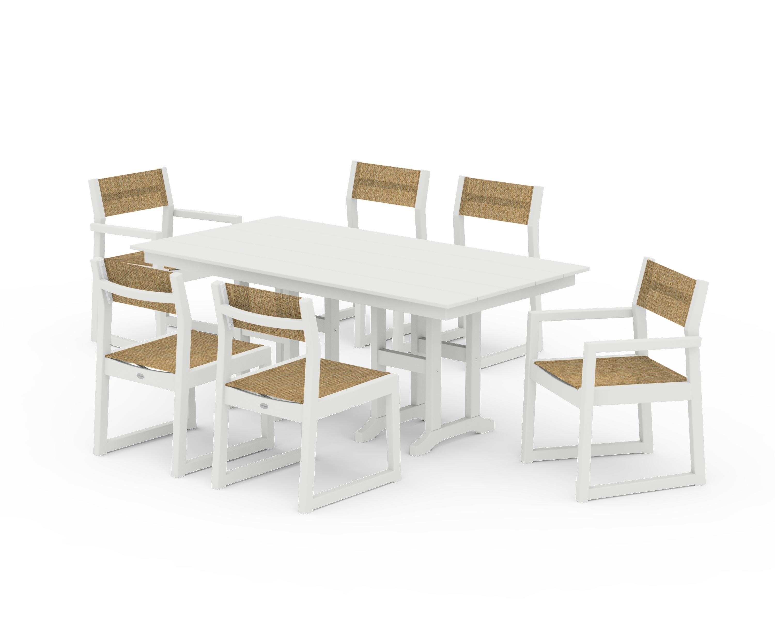 EDGE Sling 7-Piece Farmhouse Dining Set in Vintage White / Burlap Sling