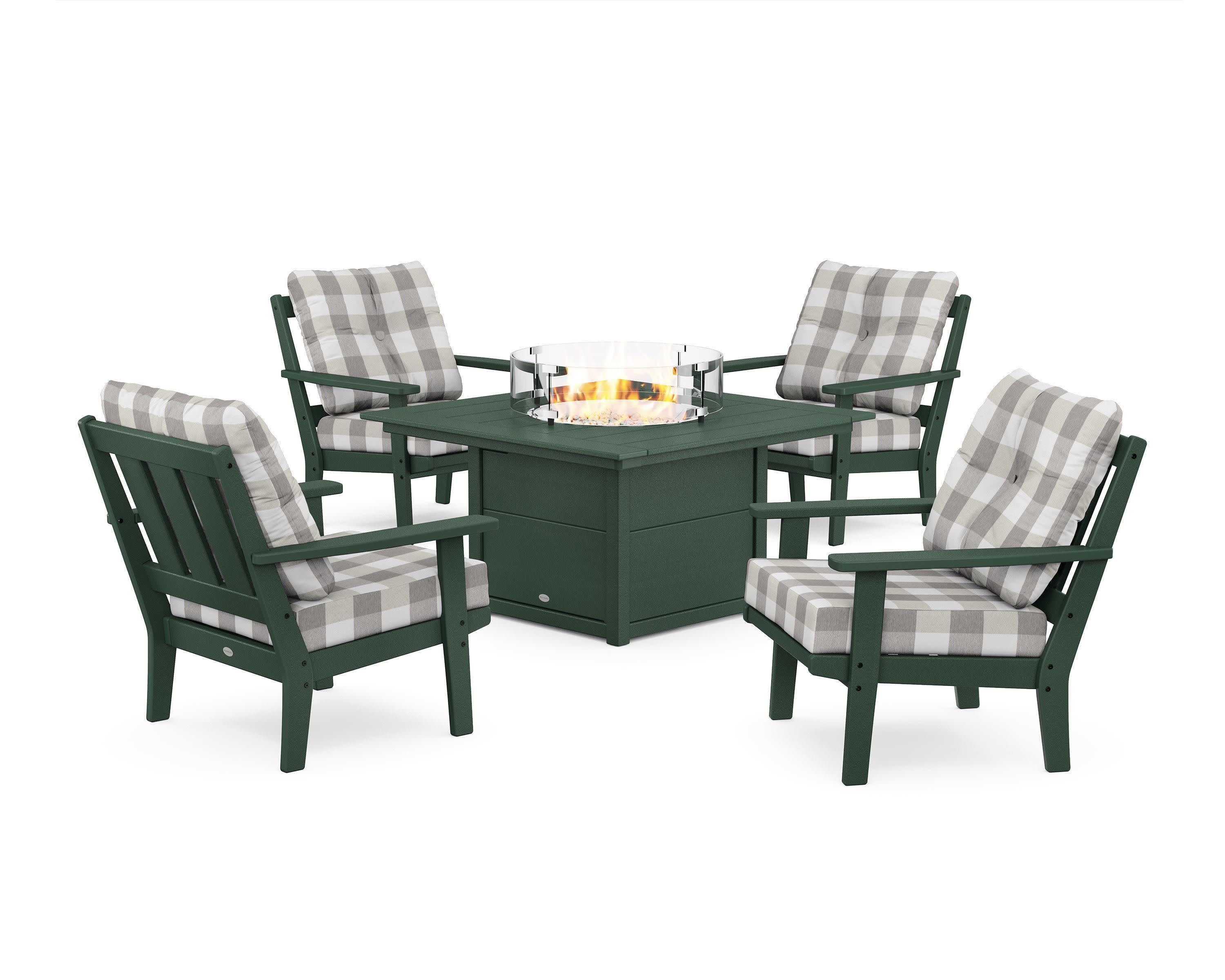 Oxford 5-Piece Deep Seating Set with Fire Pit Table in Green / Buffalo Plaid Grey Mist