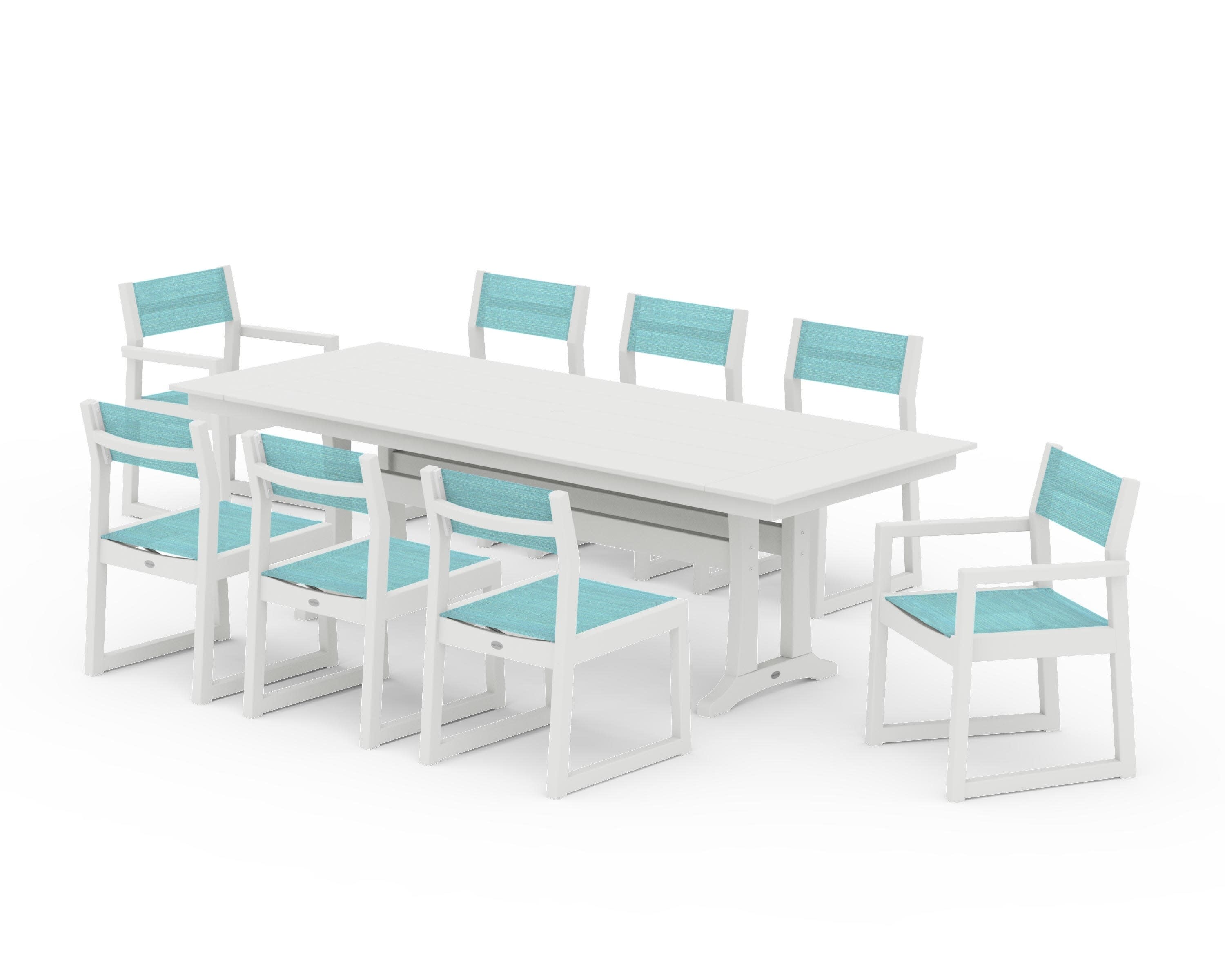 EDGE Sling 9-Piece Farmhouse Trestle Dining Set in Vintage White / Dupioni Aquamarine Sling