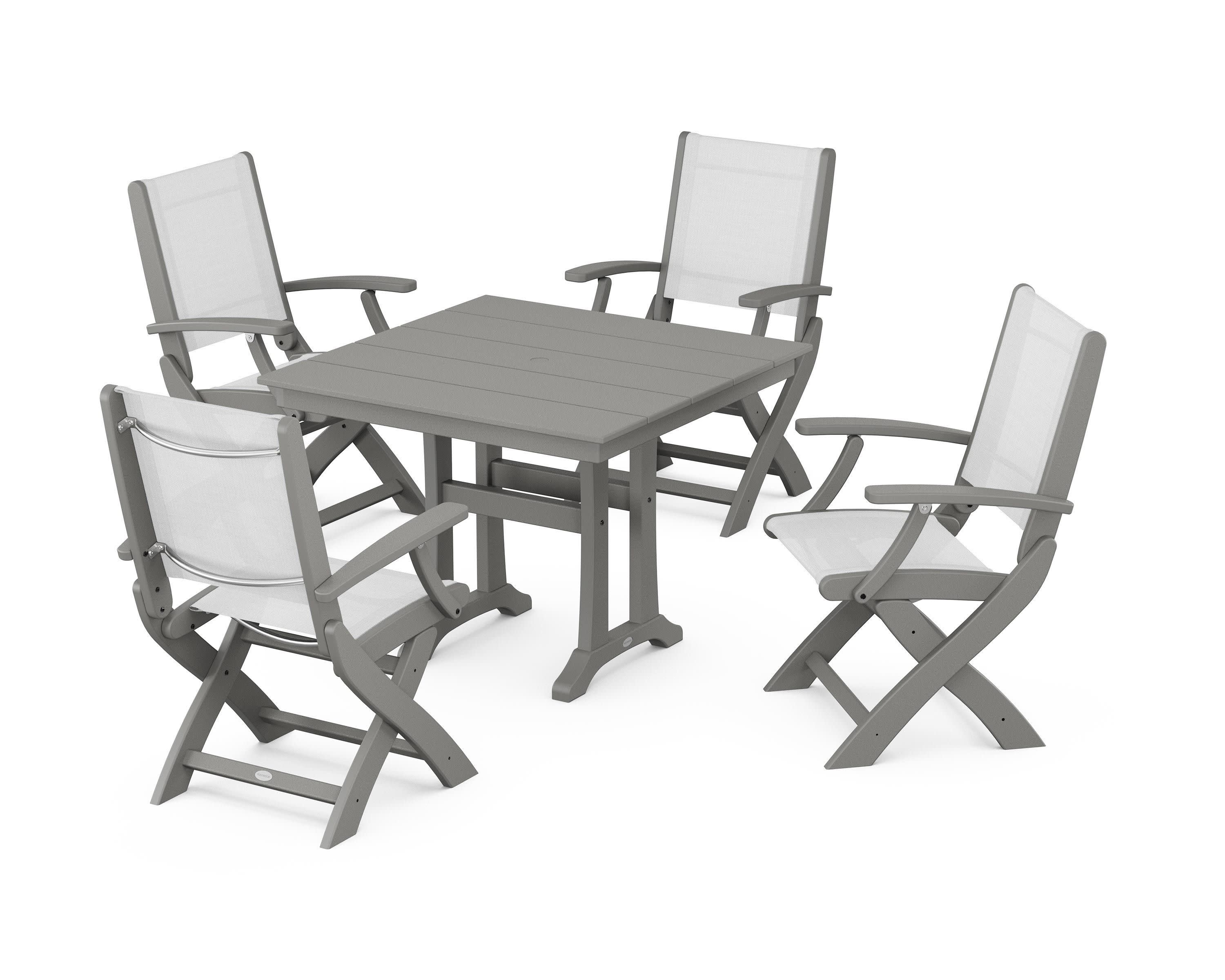 Coastal Folding Chair 5-Piece Farmhouse Dining Set With Trestle Legs in Slate Grey / White Sling