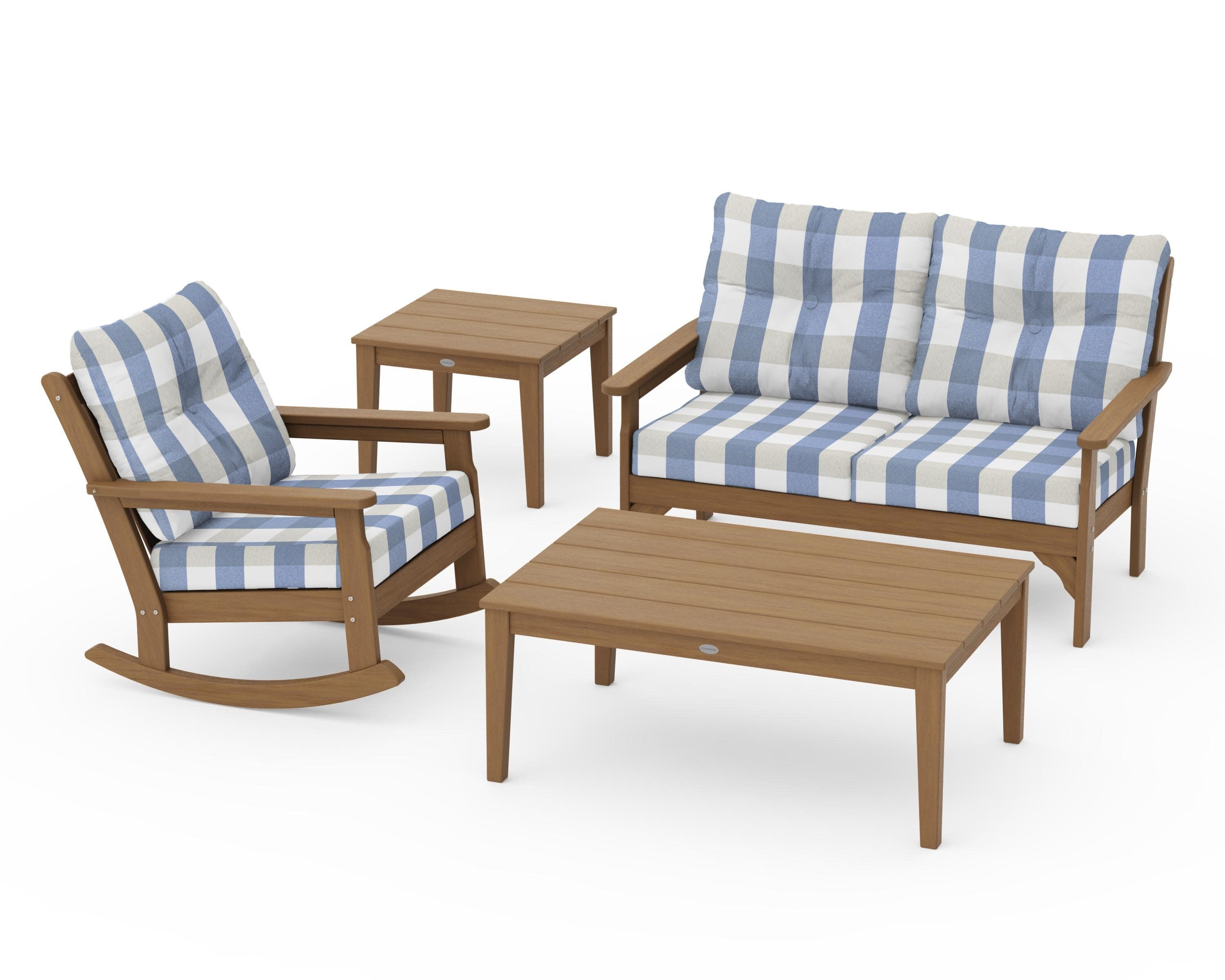 Vineyard 4-Piece Deep Seating Rocker Set in Natural / Buffalo Plaid Sky Blue