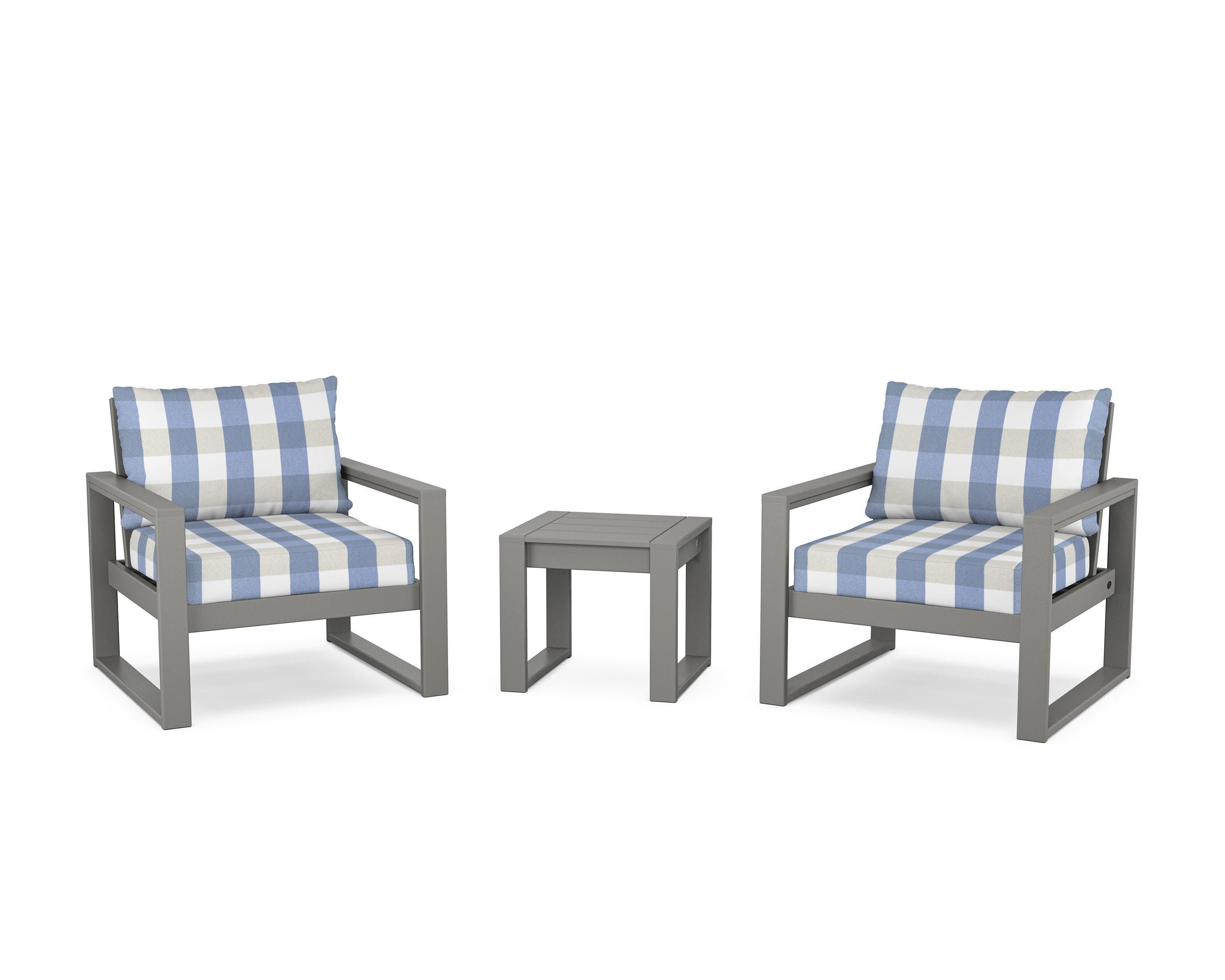 EDGE Sectional 3-Piece Deep Seating Set in Slate Grey / Buffalo Plaid Sky Blue