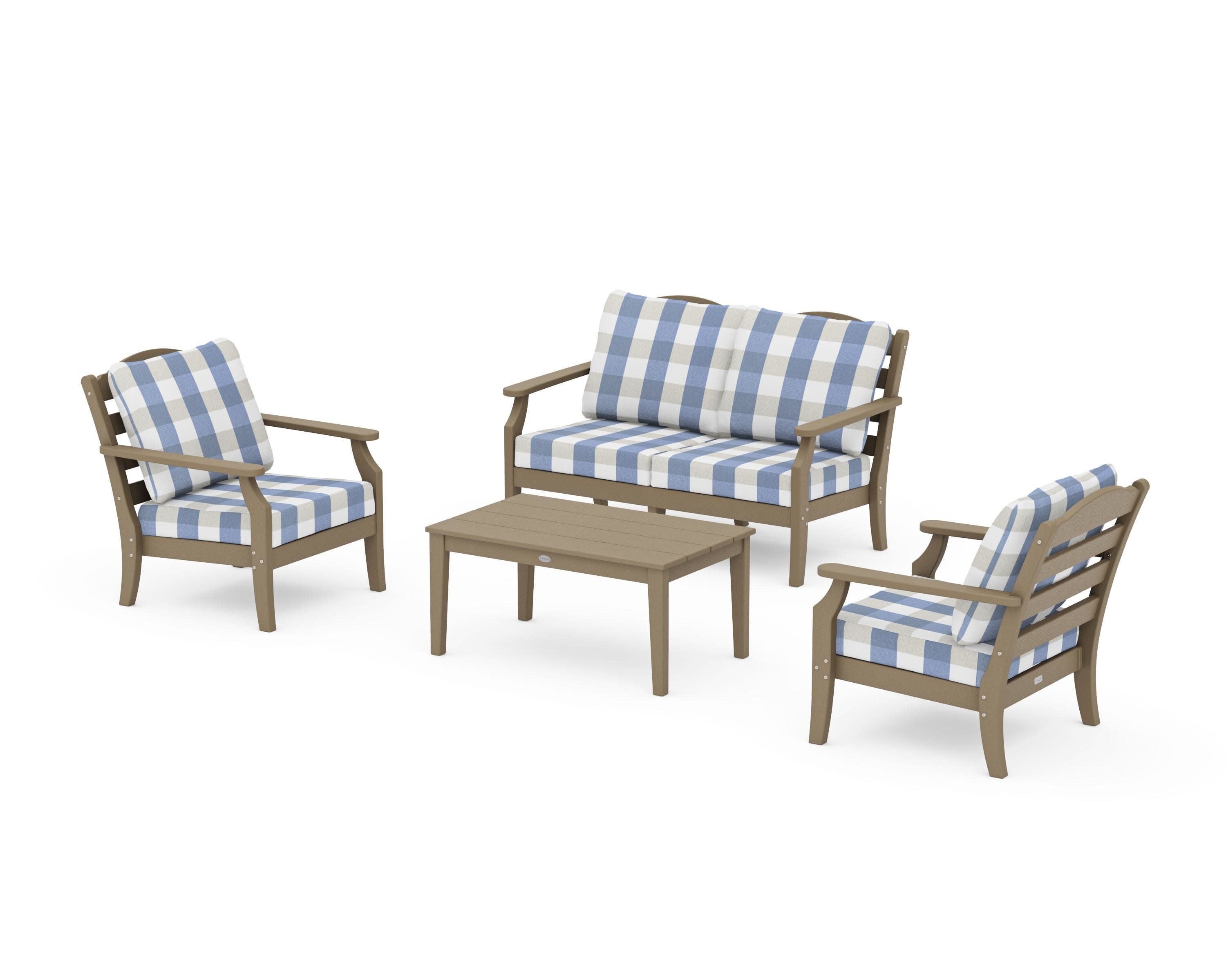 Savannah 4-Piece Deep Seating Set with Loveseat in Vintage Sahara / Buffalo Plaid Sky Blue