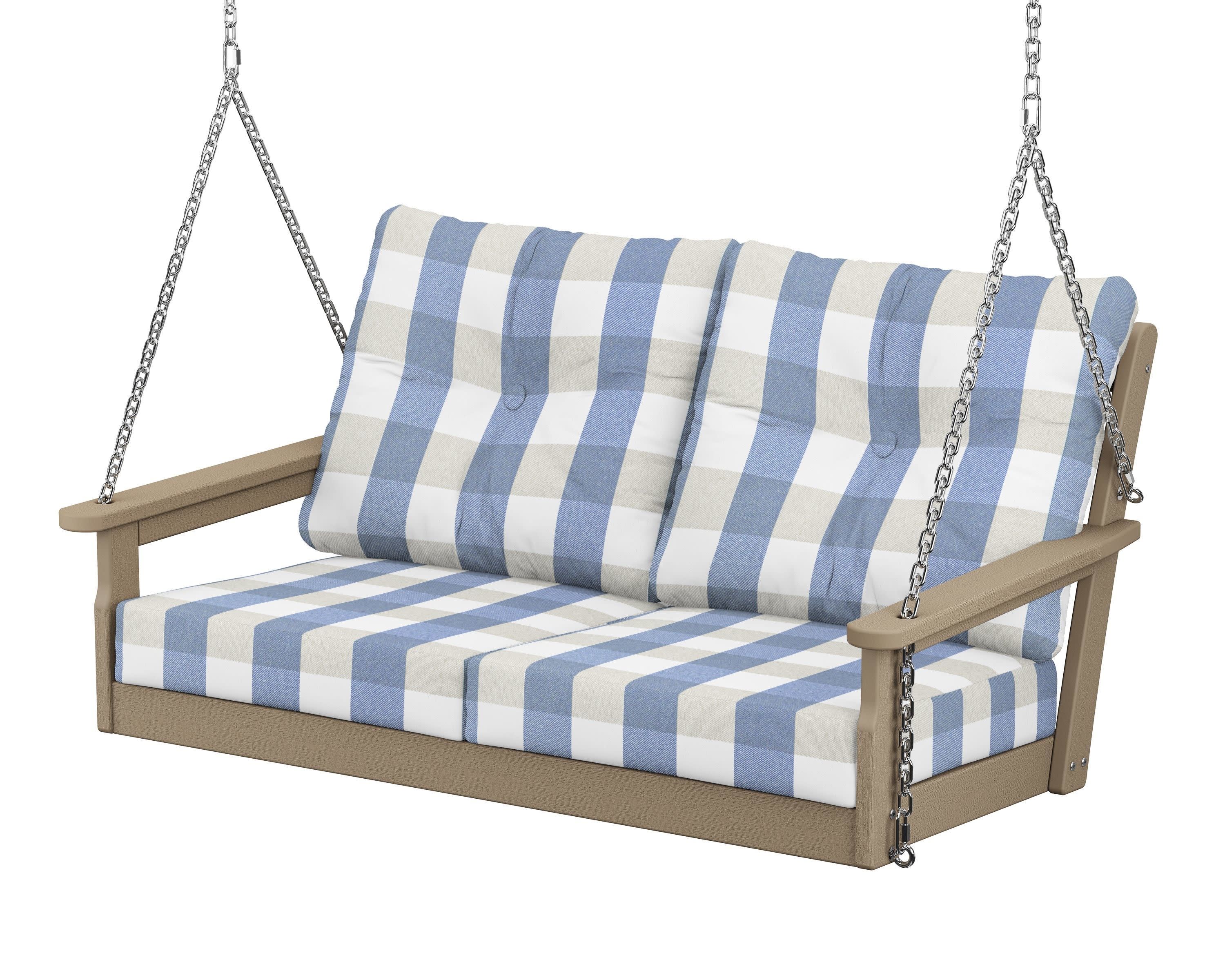 Vineyard Deep Seating Swing in Vintage Sahara / Buffalo Plaid Sky Blue