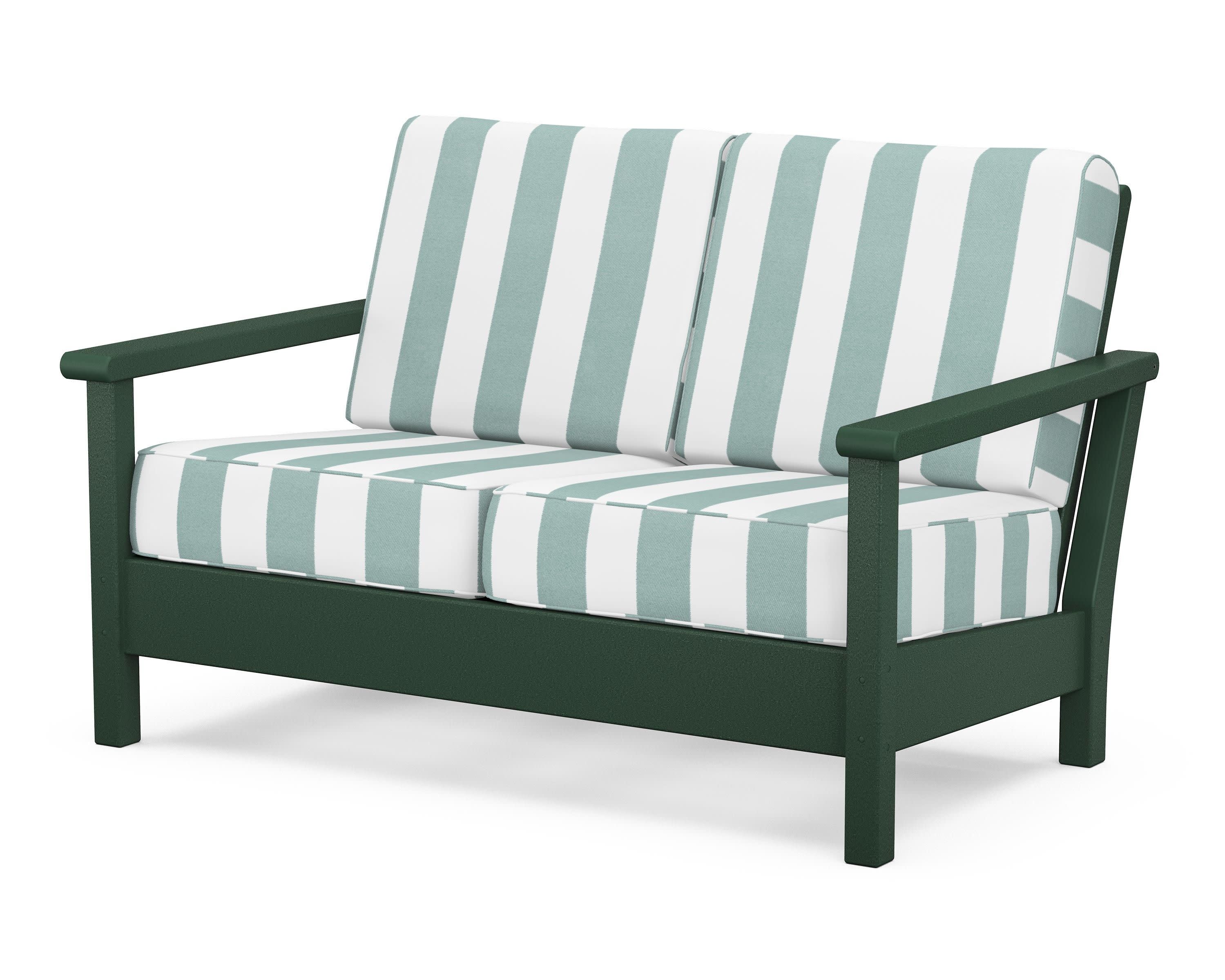 Harbour Deep Seating Loveseat in Green / Cabana Stripe Glacier Spa