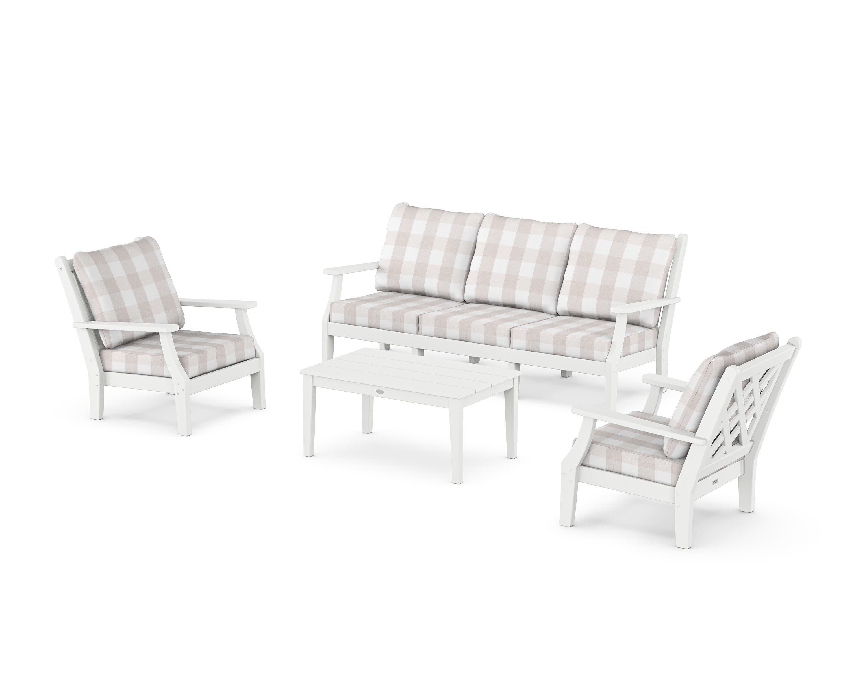 Wovendale 4-Piece Deep Seating Set with Sofa in White / Buffalo Plaid Dune Burlap