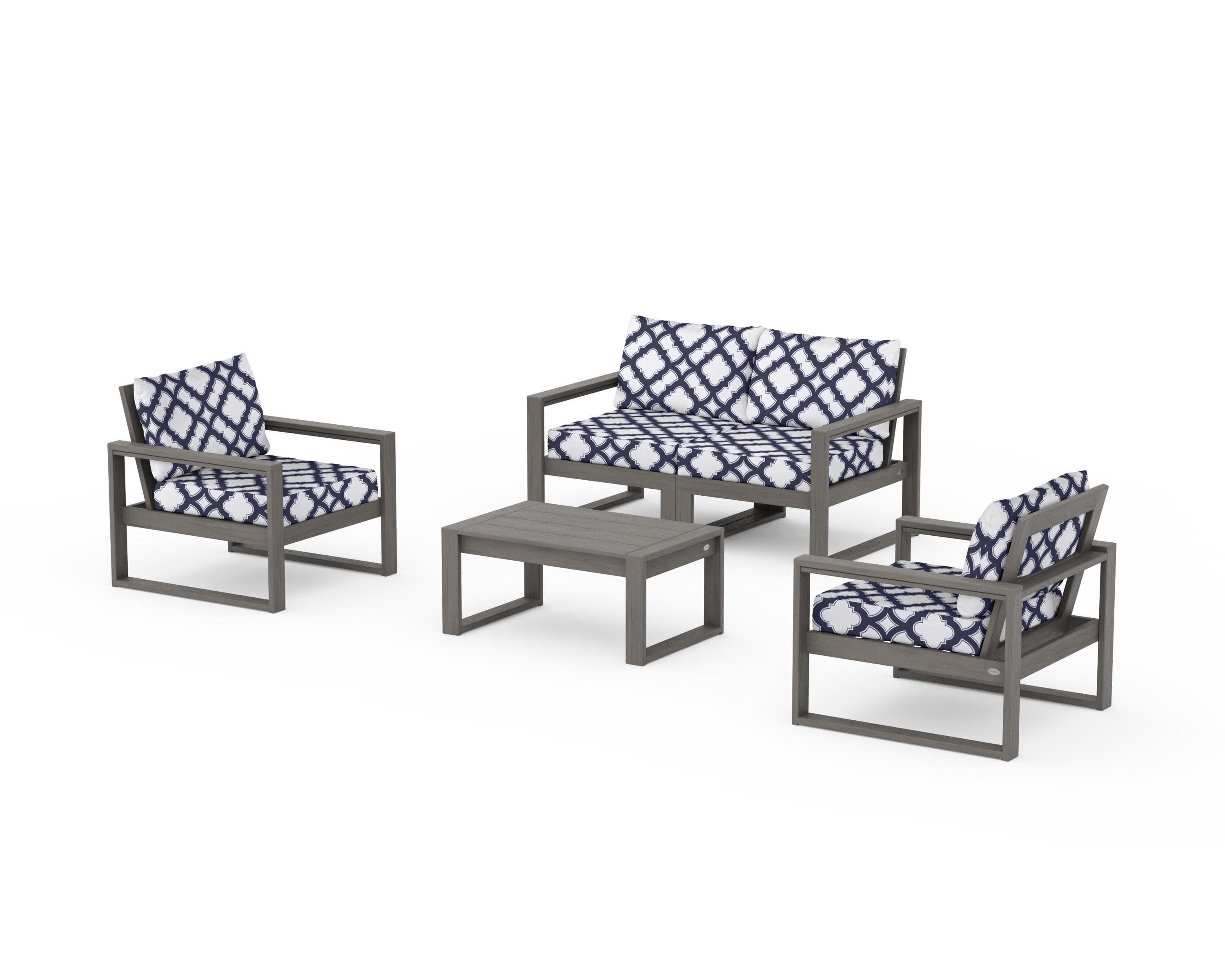 EDGE Sectional 4-Piece Deep Seating Set with Loveseat in Driftwood / Trellis Navy